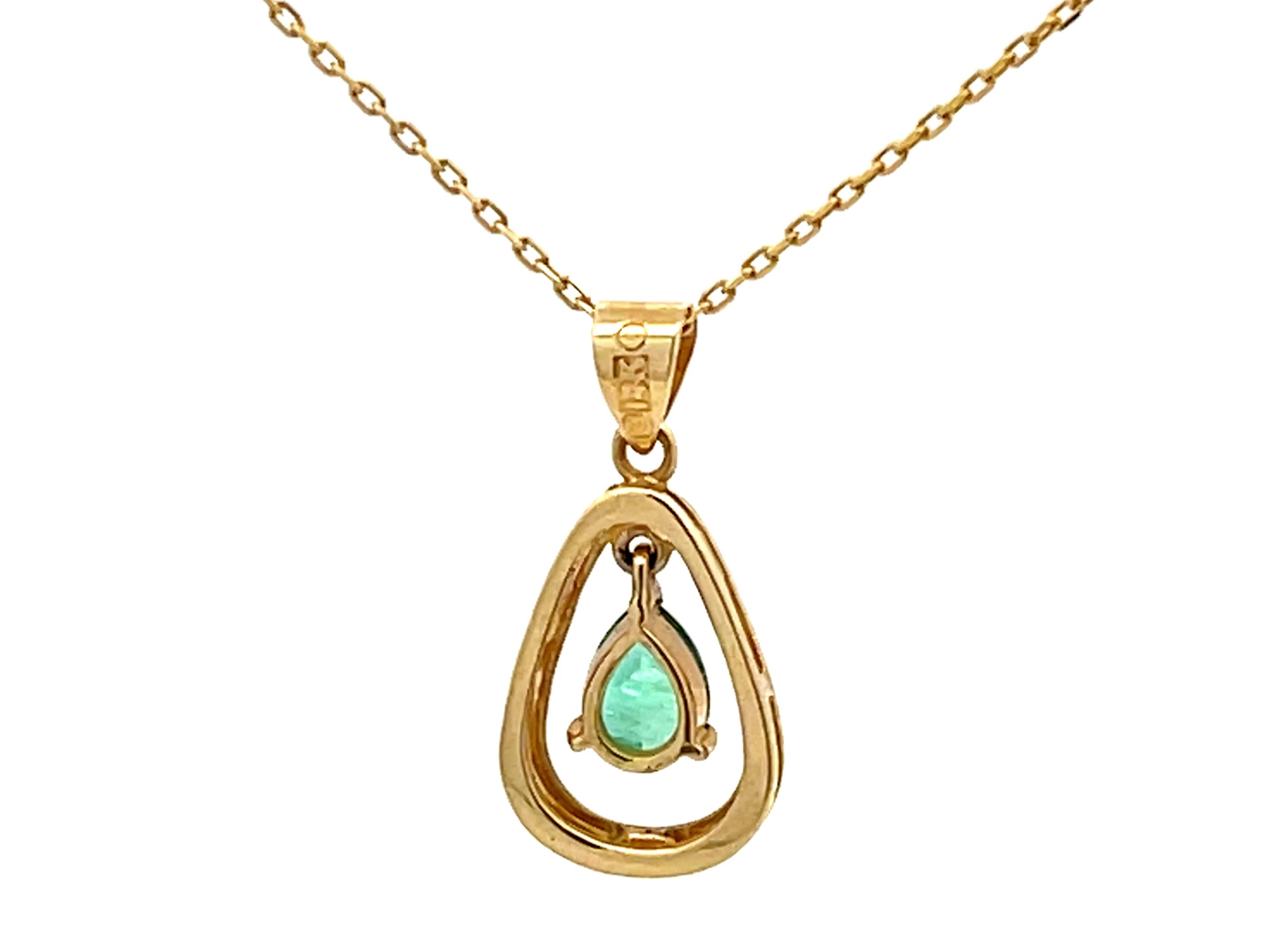 Dangly Pear Shaped Emerald Necklace 14K Yellow Gold For Sale 1