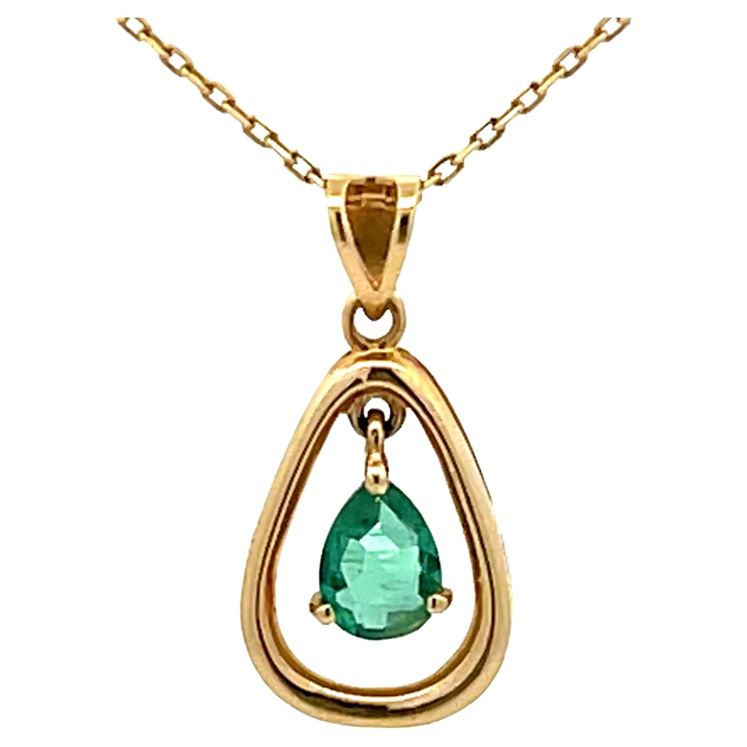 Dangly Pear Shaped Emerald Necklace 14K Yellow Gold For Sale