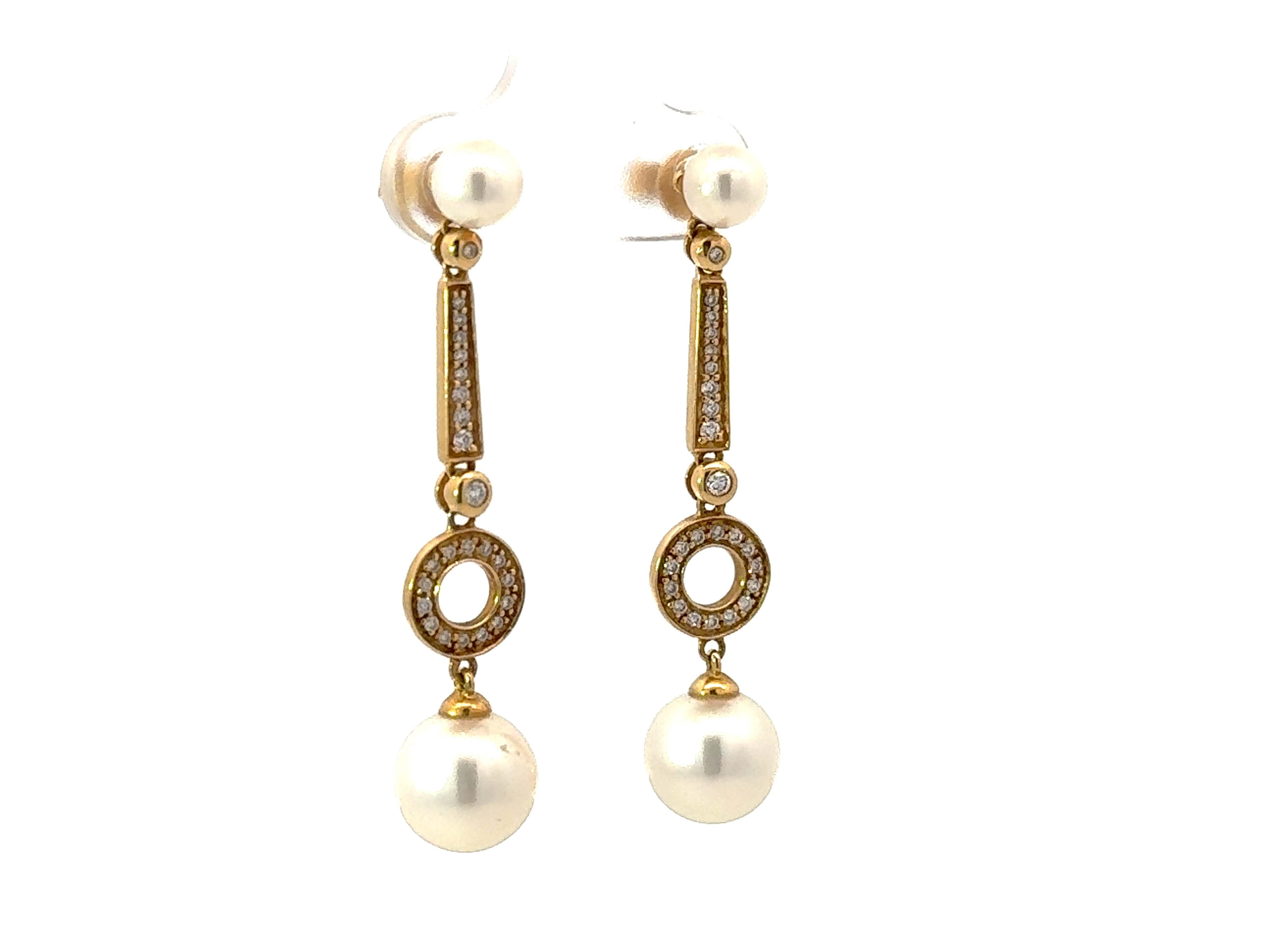 Modern Dangly Pearl and Diamond Drop Earrings 18K Yellow Gold For Sale
