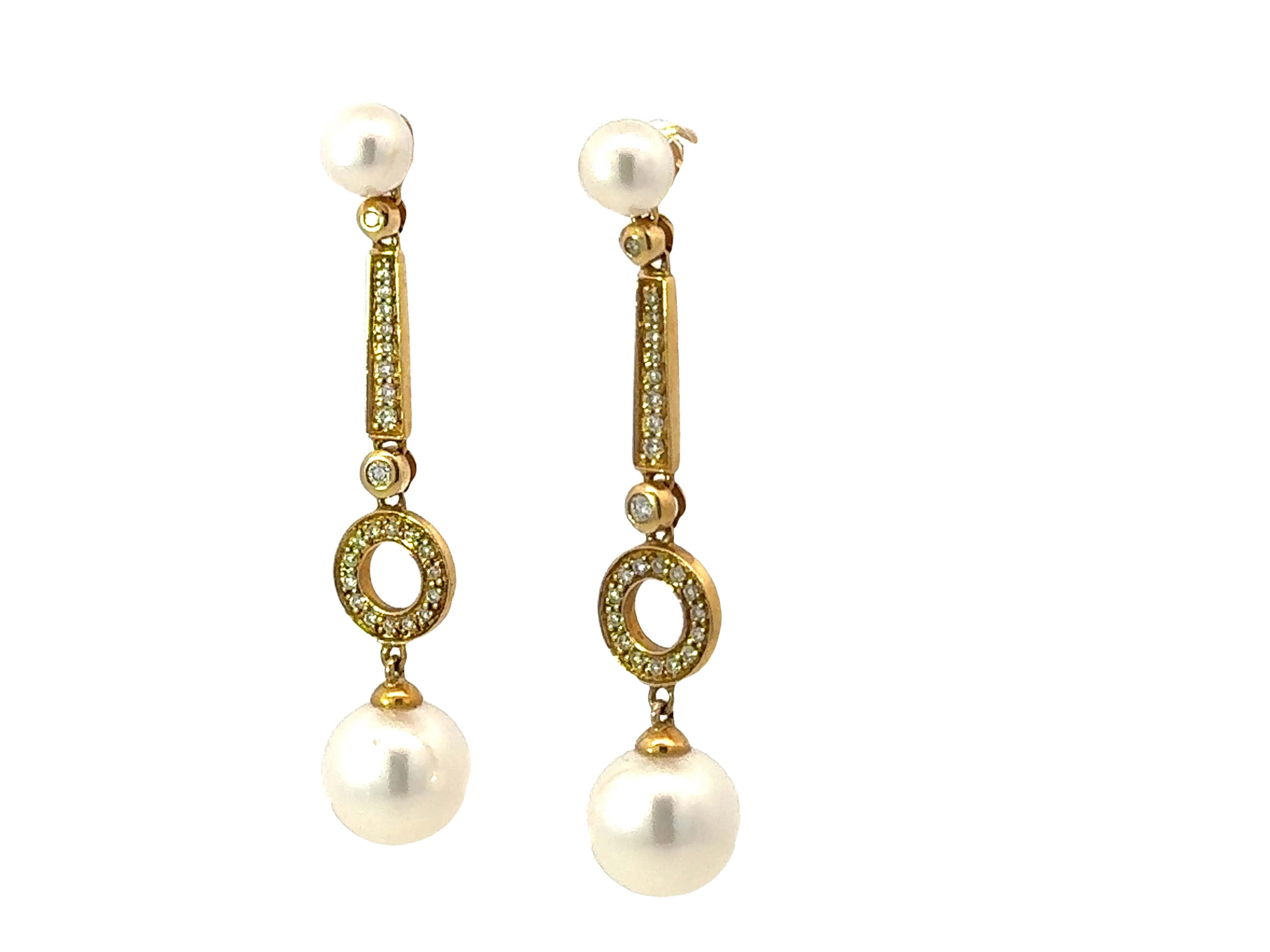Round Cut Dangly Pearl and Diamond Drop Earrings 18K Yellow Gold For Sale
