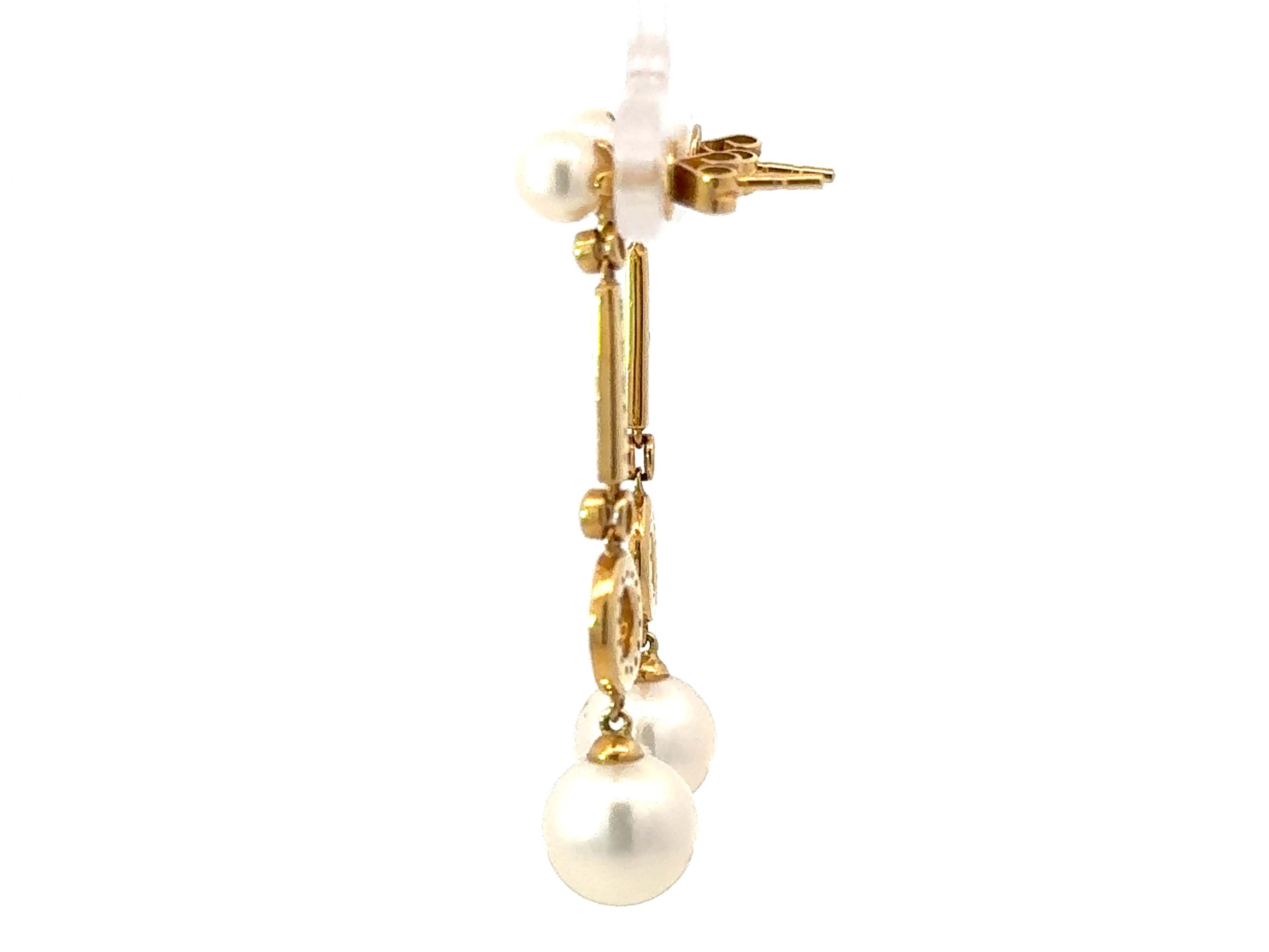 Women's Dangly Pearl and Diamond Drop Earrings 18K Yellow Gold For Sale