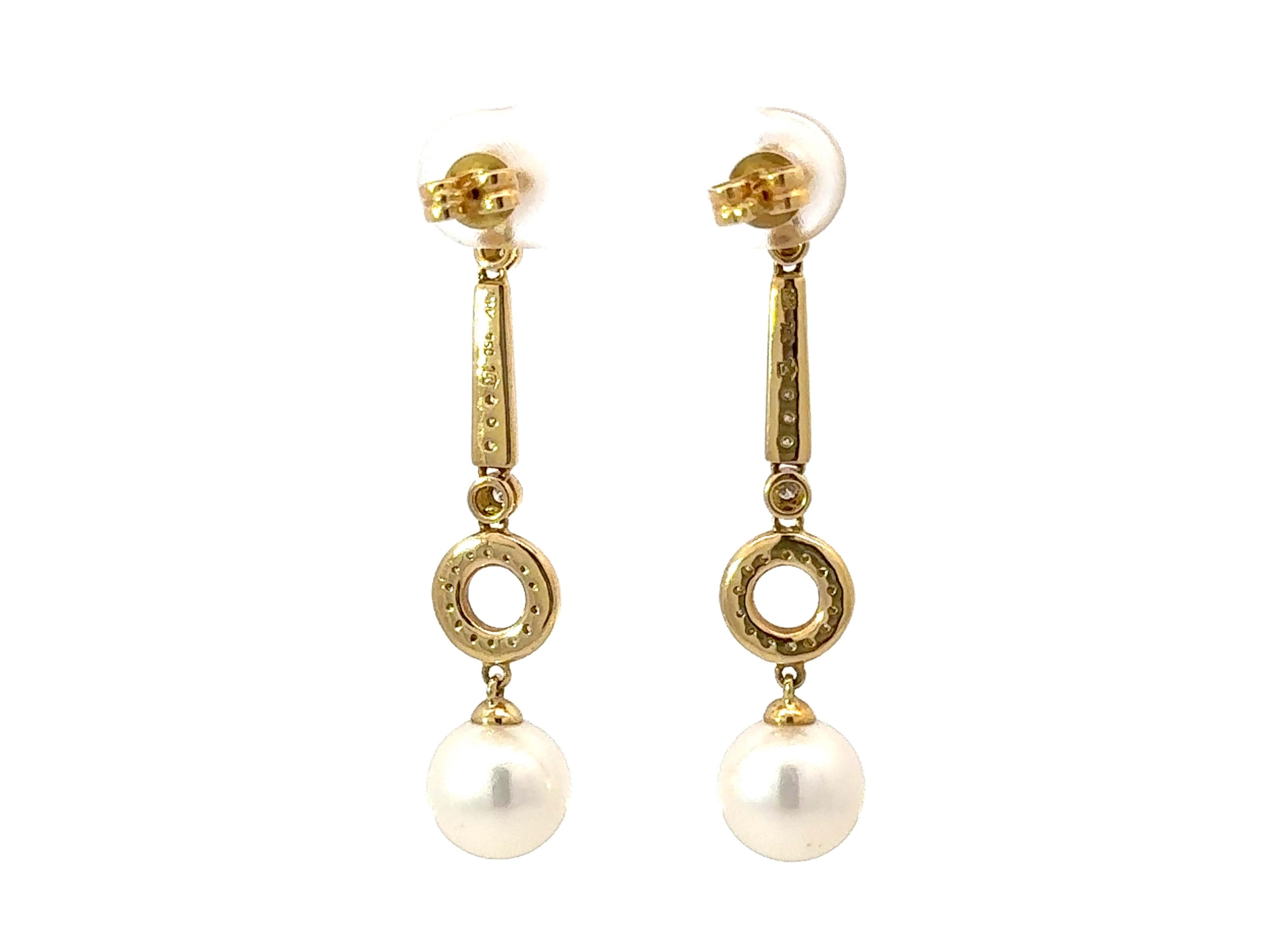 Dangly Pearl and Diamond Drop Earrings 18K Yellow Gold For Sale 1