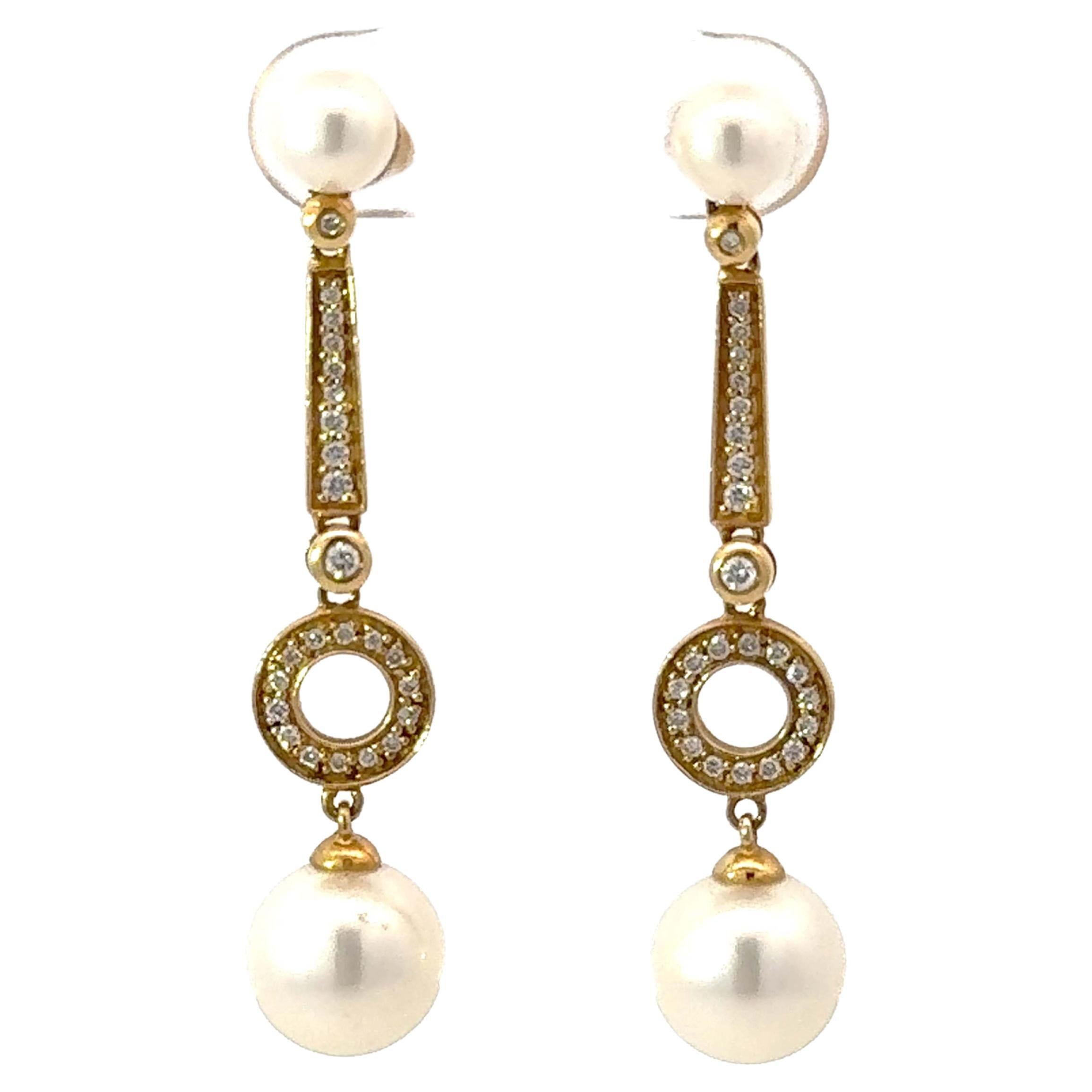Dangly Pearl and Diamond Drop Earrings 18K Yellow Gold For Sale