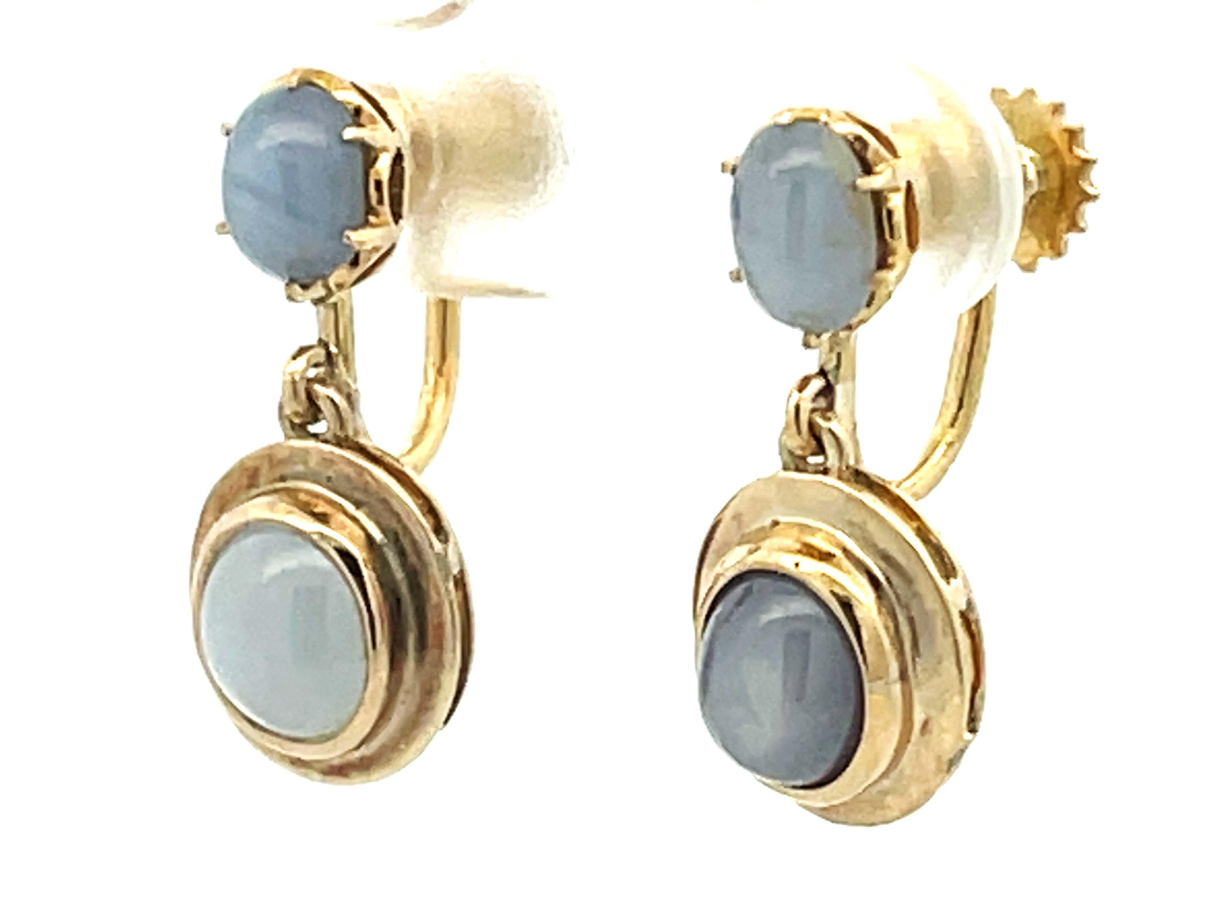 Cabochon Dangly Star Sapphire Stud Drop Earrings 14k Yellow Gold For Sale