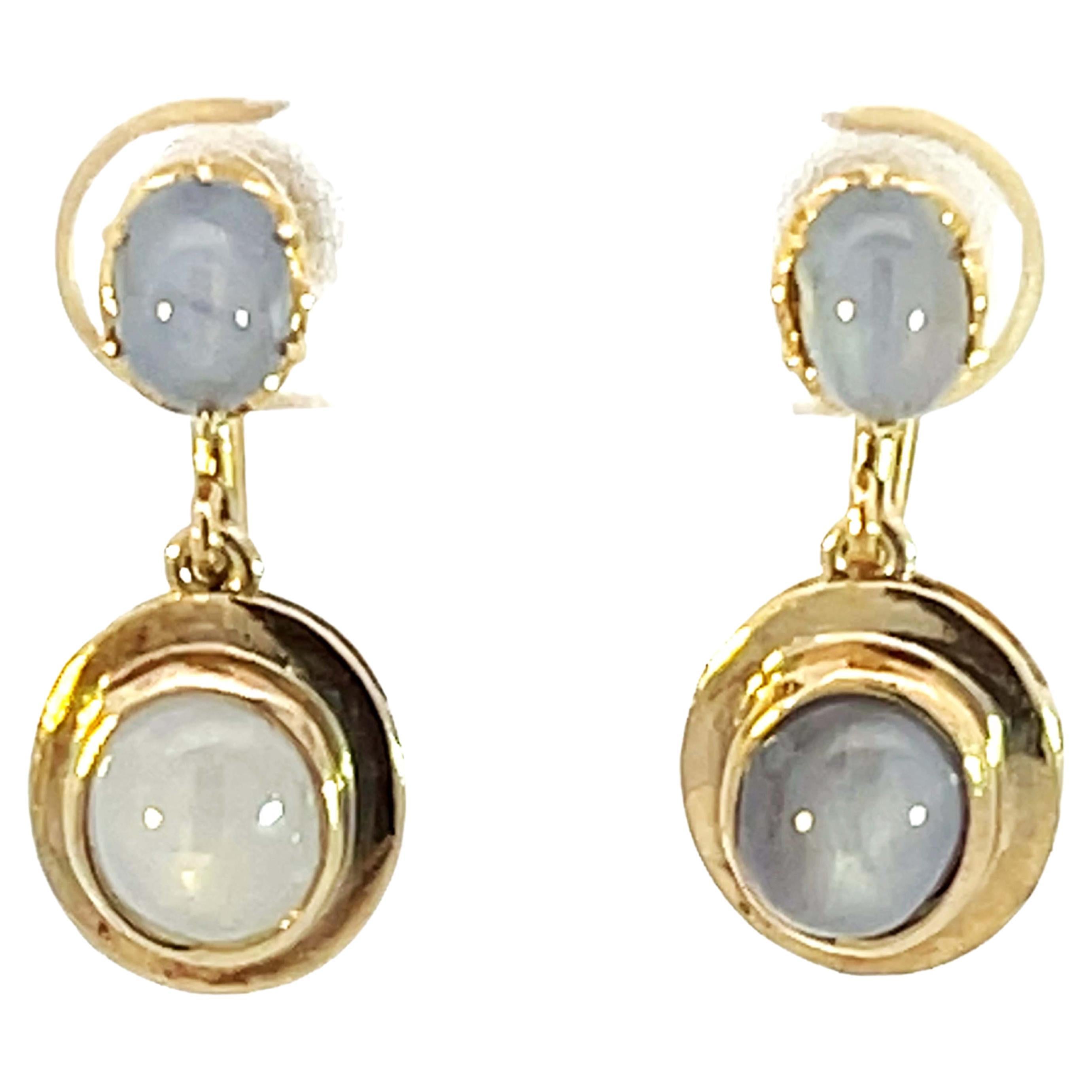 Dangly Star Sapphire Stud Drop Earrings 14k Yellow Gold