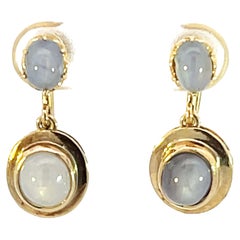 Vintage Dangly Star Sapphire Stud Drop Earrings 14k Yellow Gold