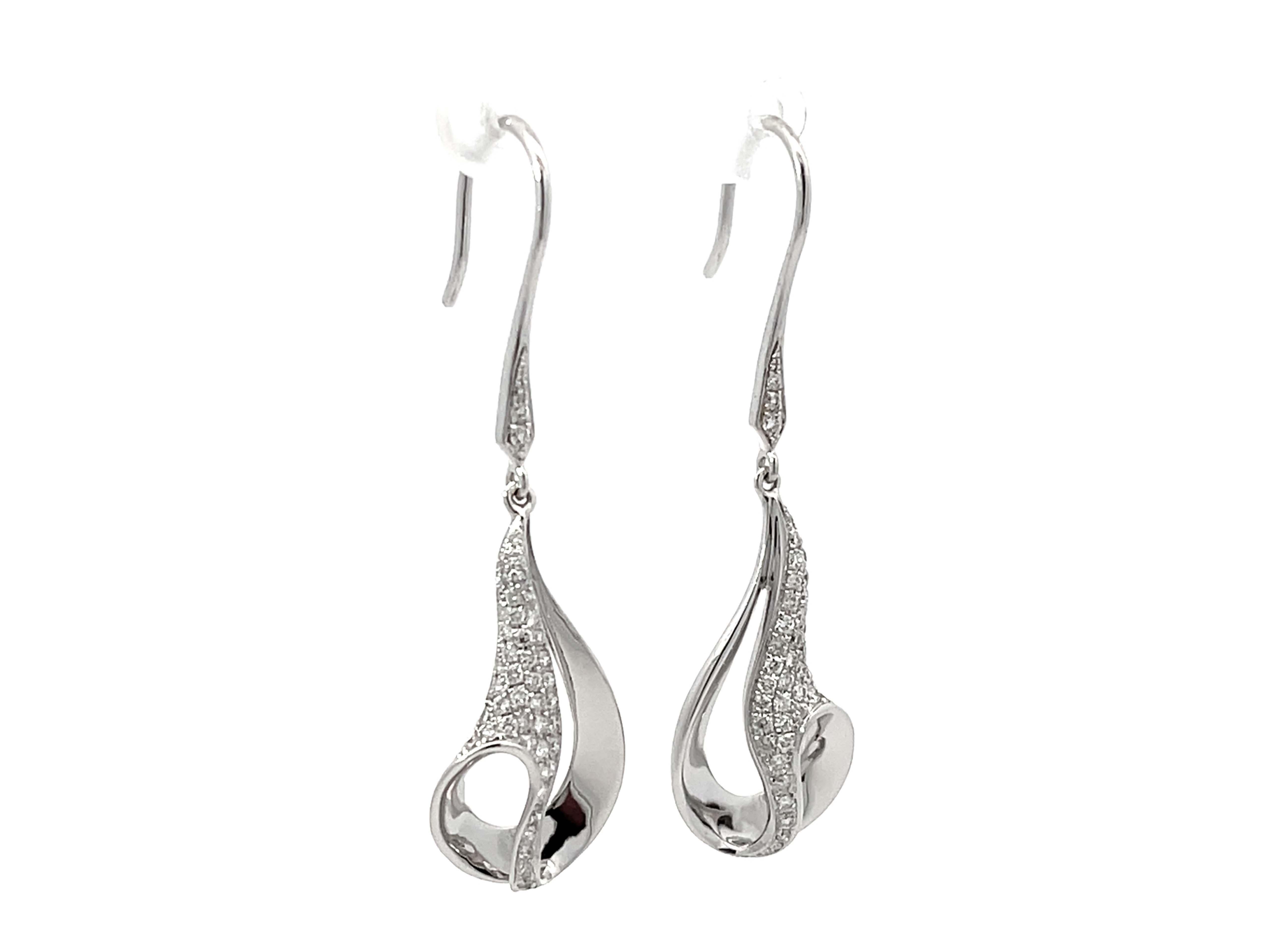 Modern Dangly Swirl Diamond Earrings 18k White Gold For Sale