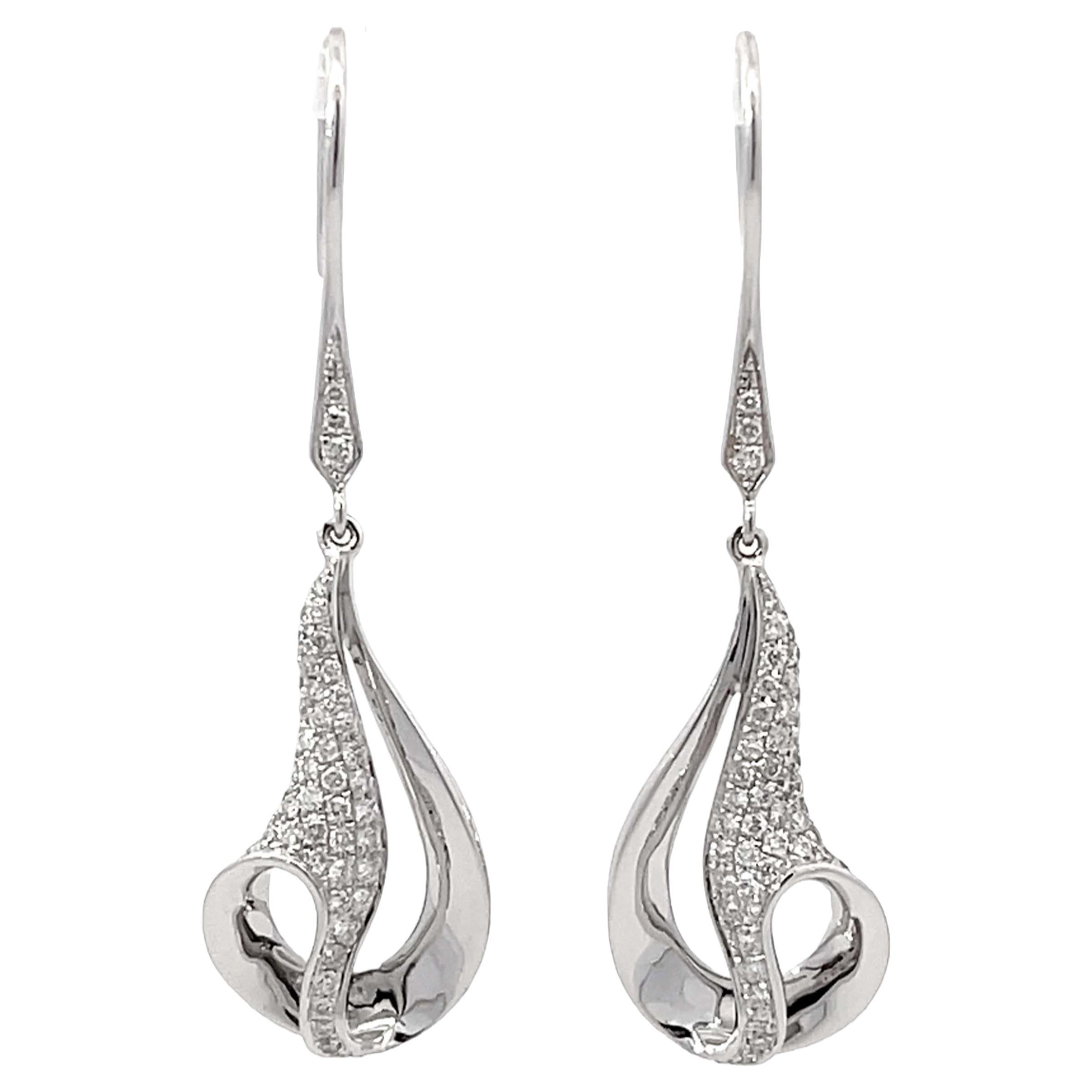 Dangly Swirl Diamond Earrings 18k White Gold For Sale