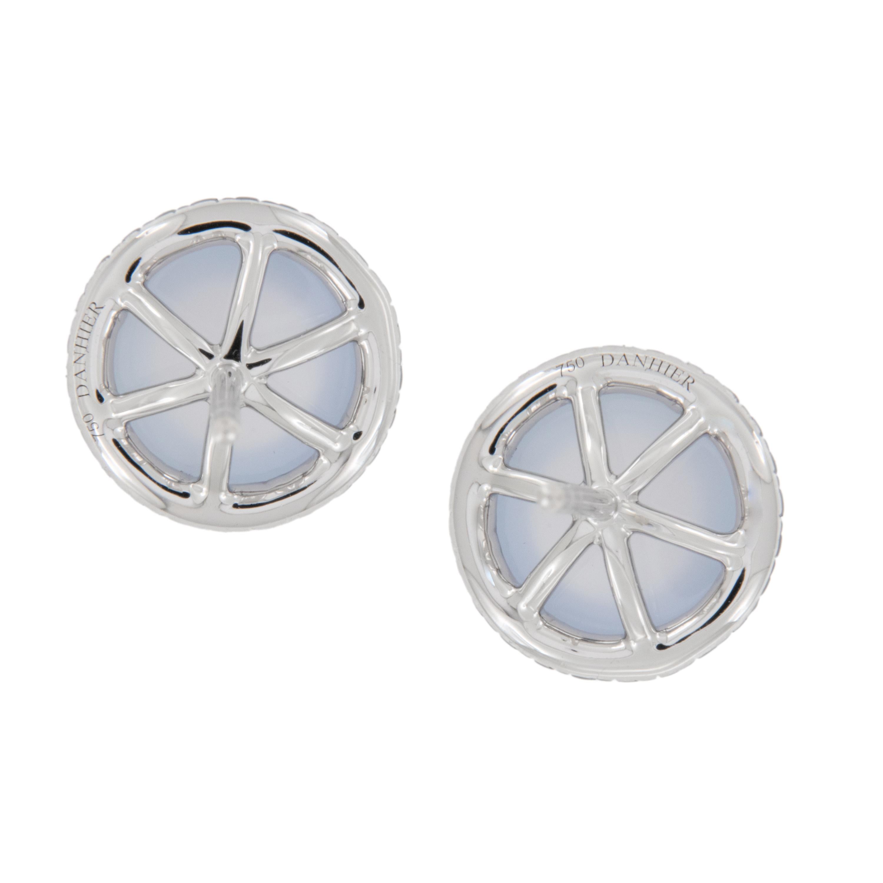 Cabochon Danhier 18 Karat White Gold 4.24 Cttw Chalcedony and 0.24 Cttw Diamond Earrings