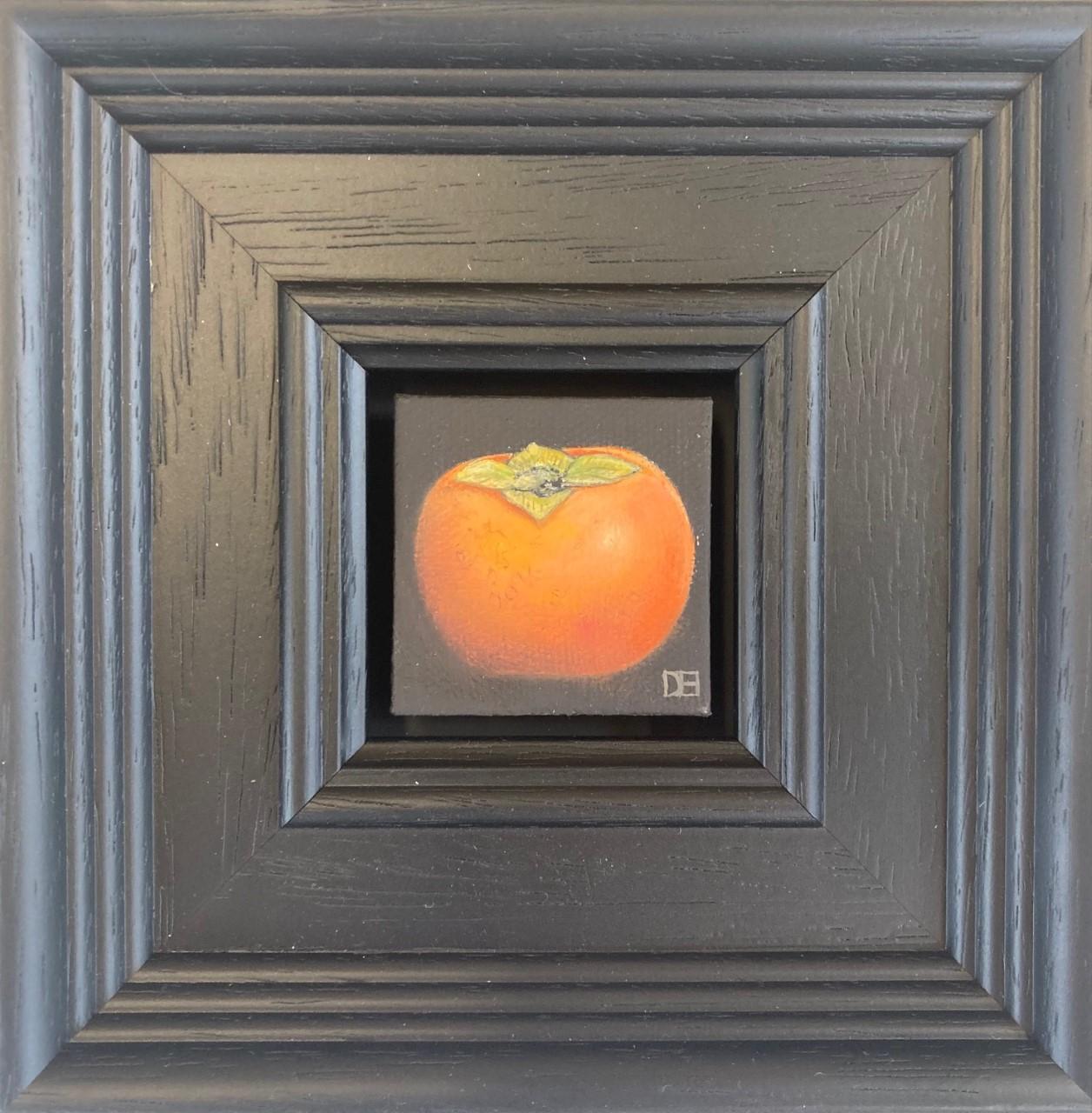 Pocket Persimmon Fruit by Dani Humberstone, Still life, Small Scale Oil Painting - Gray Figurative Painting by Dani Humberstone 