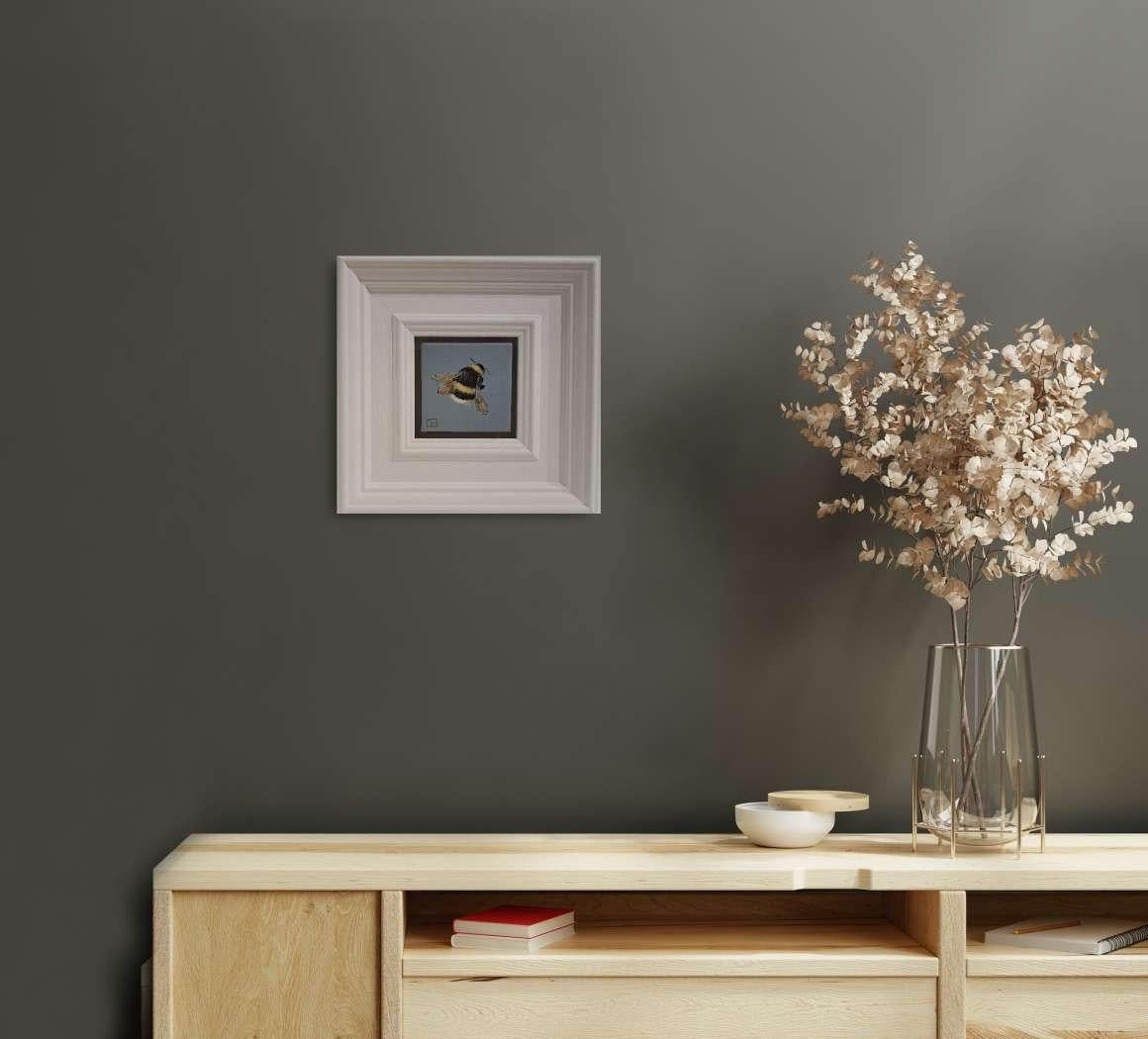 Bee Bumble (White Collection) Pocket Painting, original painting - Gray Still-Life Painting by Dani Humberstone
