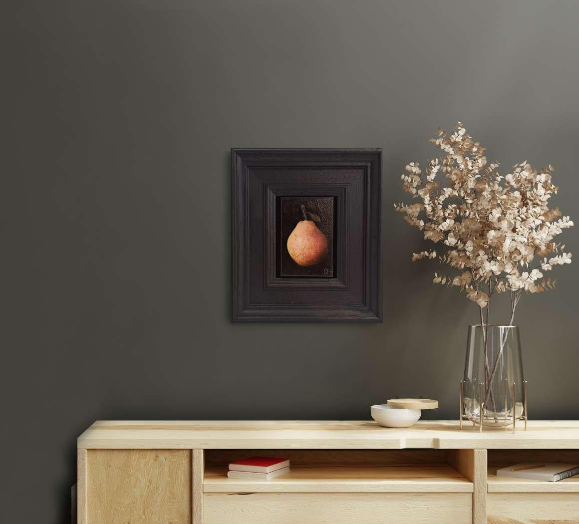 Blush Pear #5 c Pocket Series, original painting, still-life - Black Still-Life Painting by Dani Humberstone
