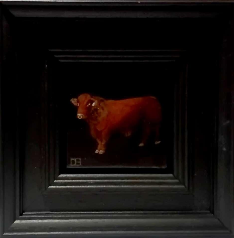 Bull Pocket Painting, original painting, contemporary - Black Still-Life Painting by Dani Humberstone