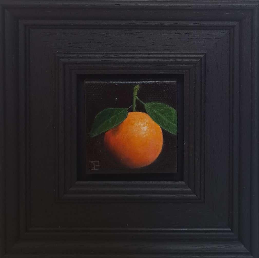Pocket Small Clementine 4c is an original oil painting by Dani Humberstone as part of her Pocket painting series featuring small scale realistic oil paintings, with a nod to baroque still life painting. The paintings are set in a black wood layered