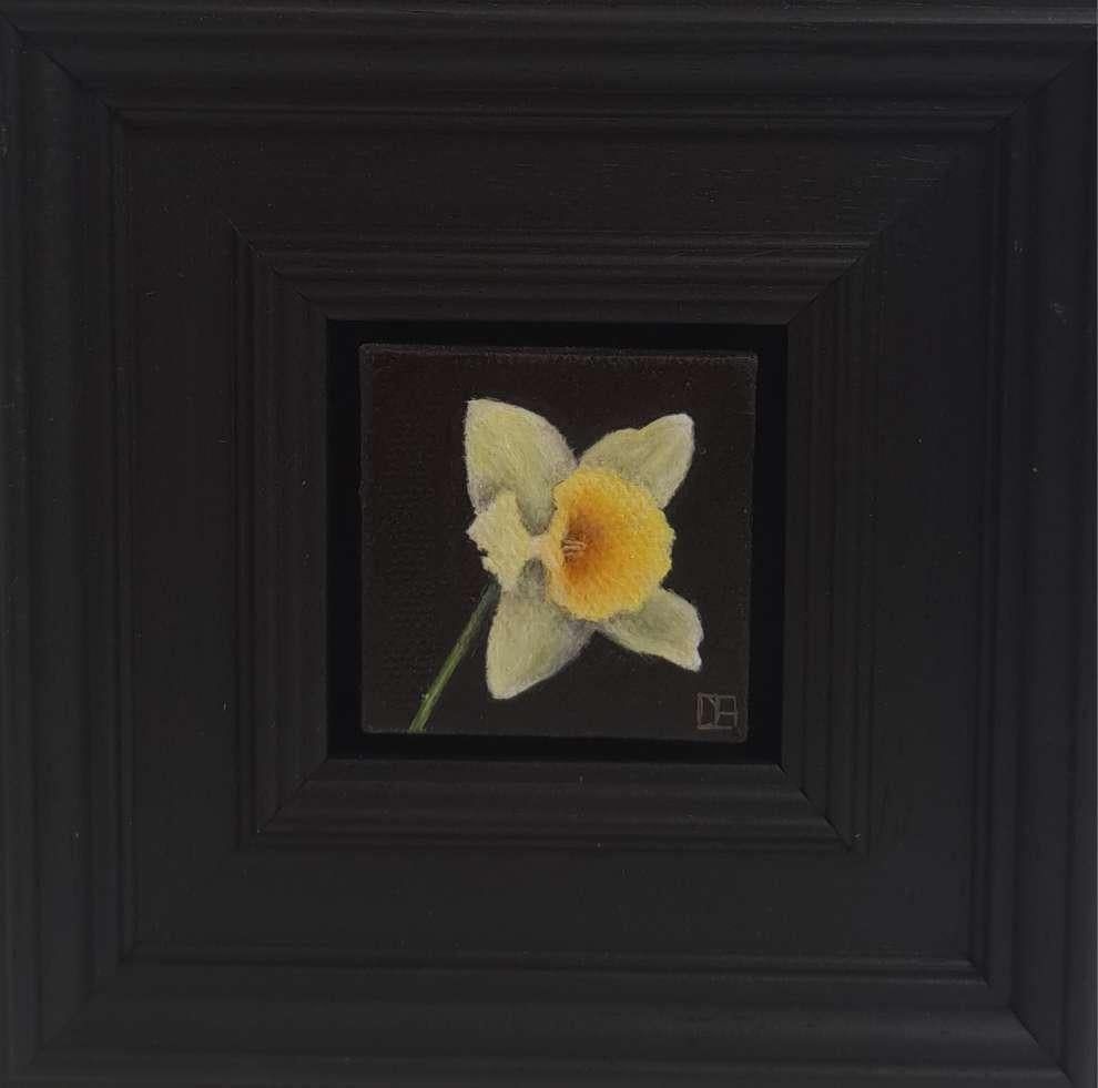 Daffodil Pale Yellow Pocket Painting, original painting, still-life - Black Still-Life Painting by Dani Humberstone