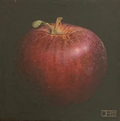 Deep Red Apple, Dani Humberstone, Original, Fruit Still Life Painting, Red Black