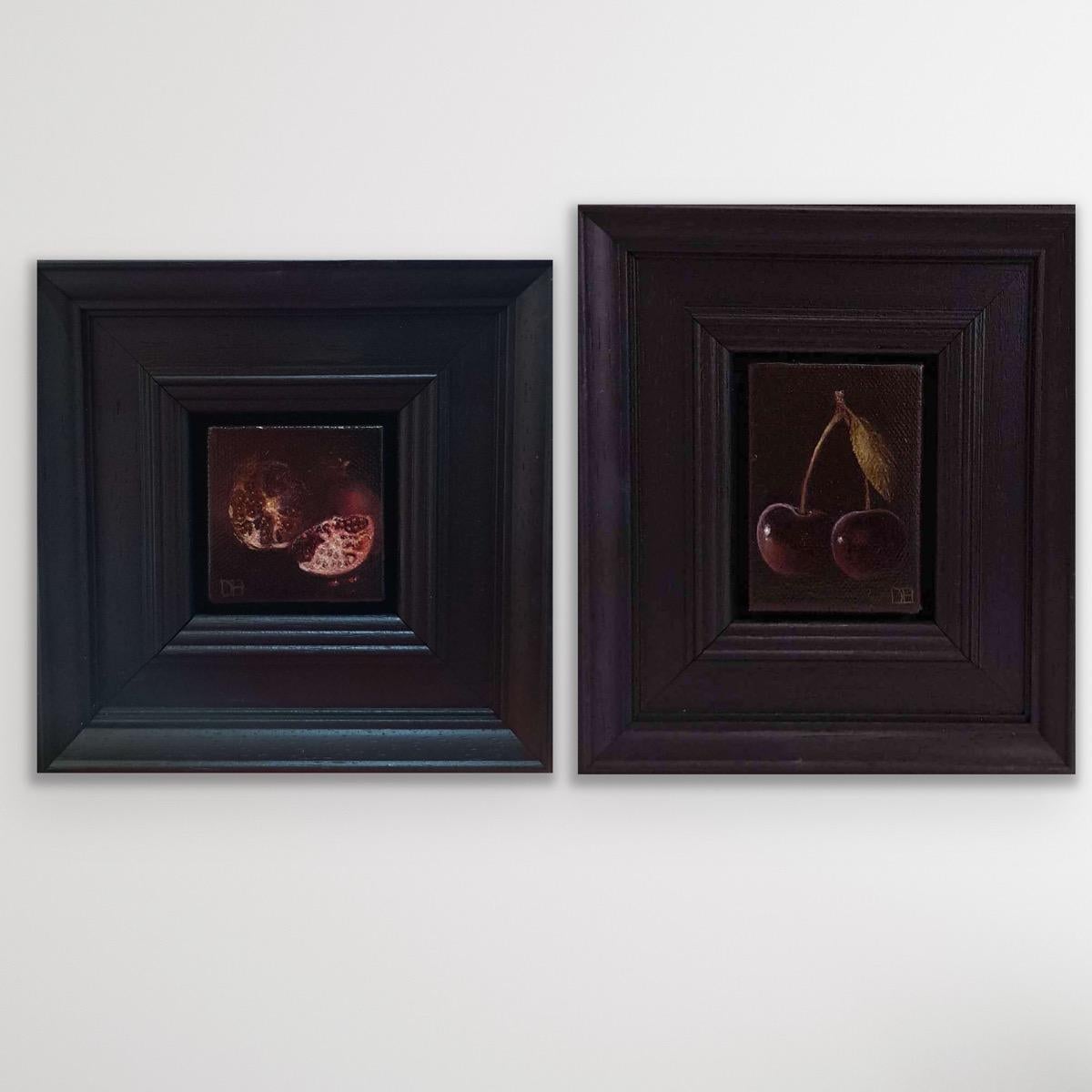 Dani Humberstone Landscape Painting - Diptych of Pocket Chiaroscuro Pomegranate Tableau and Pocket Dark Cherries