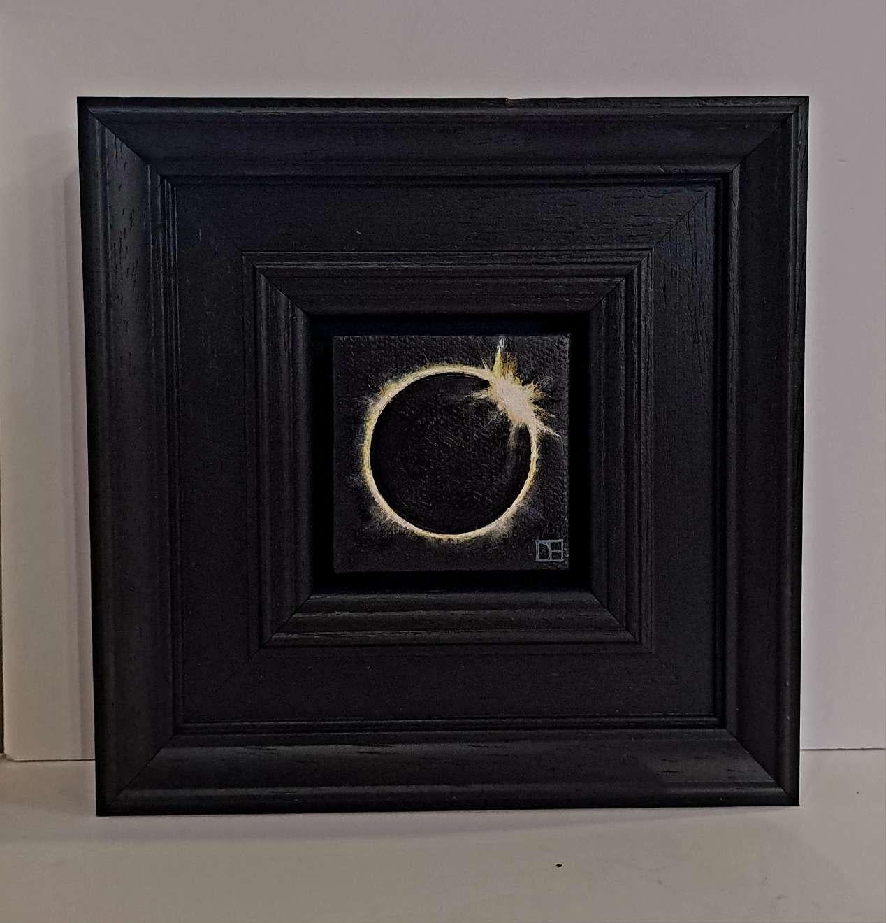 A Diptych of Sun and Moon comprising of Pocket Sun Eclipse 2024 3 and Pocket Full Moon 5, original oil paintings by Dani Humberstone as part of her Pocket Painting series featuring small scale realistic oil paintings, with a nod to baroque still