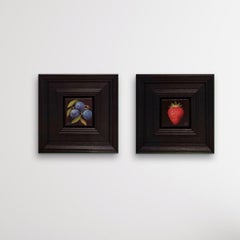 Antique Diptych, Pocket red strawberry, Pocket blue sloes, food art, still-life