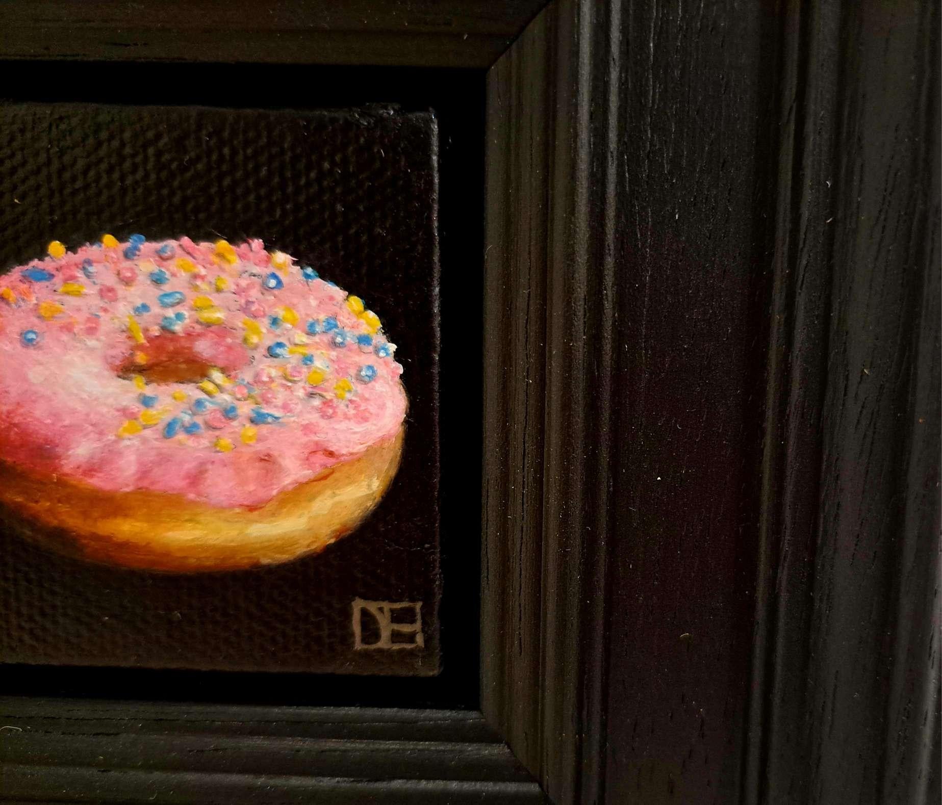 Doh-nut (with sprinkles) Pocket Series, original painting, still-life - Black Still-Life Painting by Dani Humberstone