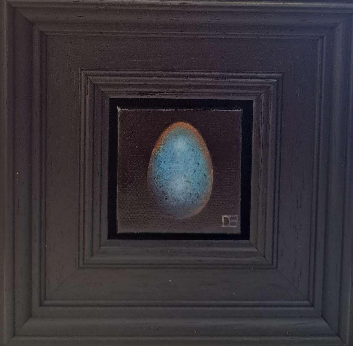 Pocket Bluer Blackbird's Egg 4c is an original oil painting by Dani Humberstone as part of her Pocket painting series featuring small scale realistic oil paintings, with a nod to baroque still life painting. The paintings are set in a black wood