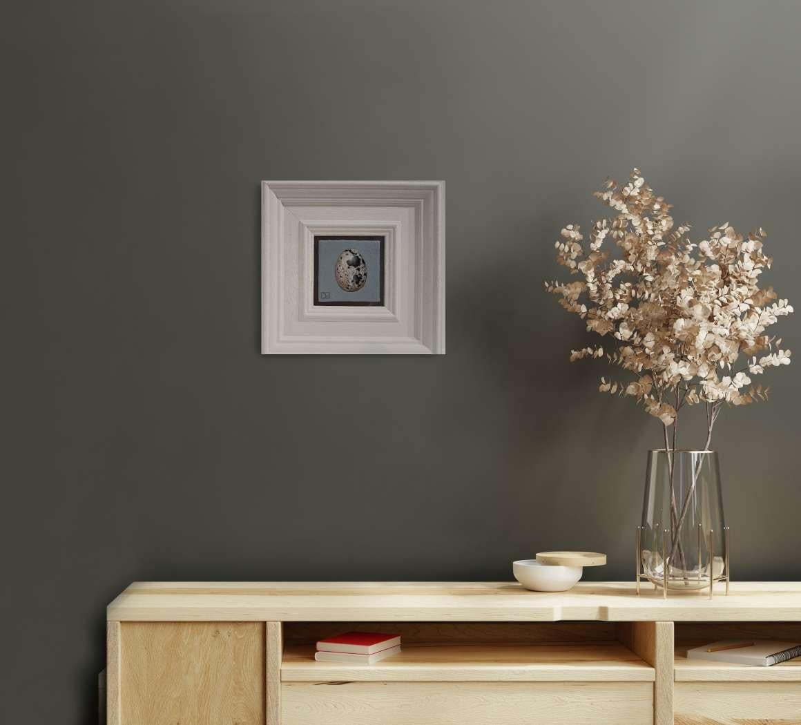 Pocket Quail's Egg (White Collection) (canvas size 5x5cm) is an original oil painting by Dani Humberstone as part of her Pocket painting series featuring small scale realistic oil paintings, with a nod to baroque still life painting. The paintings