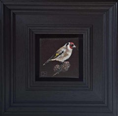 Goldfinch & Woodpecker Green Pocket Painting, diptych, original painting