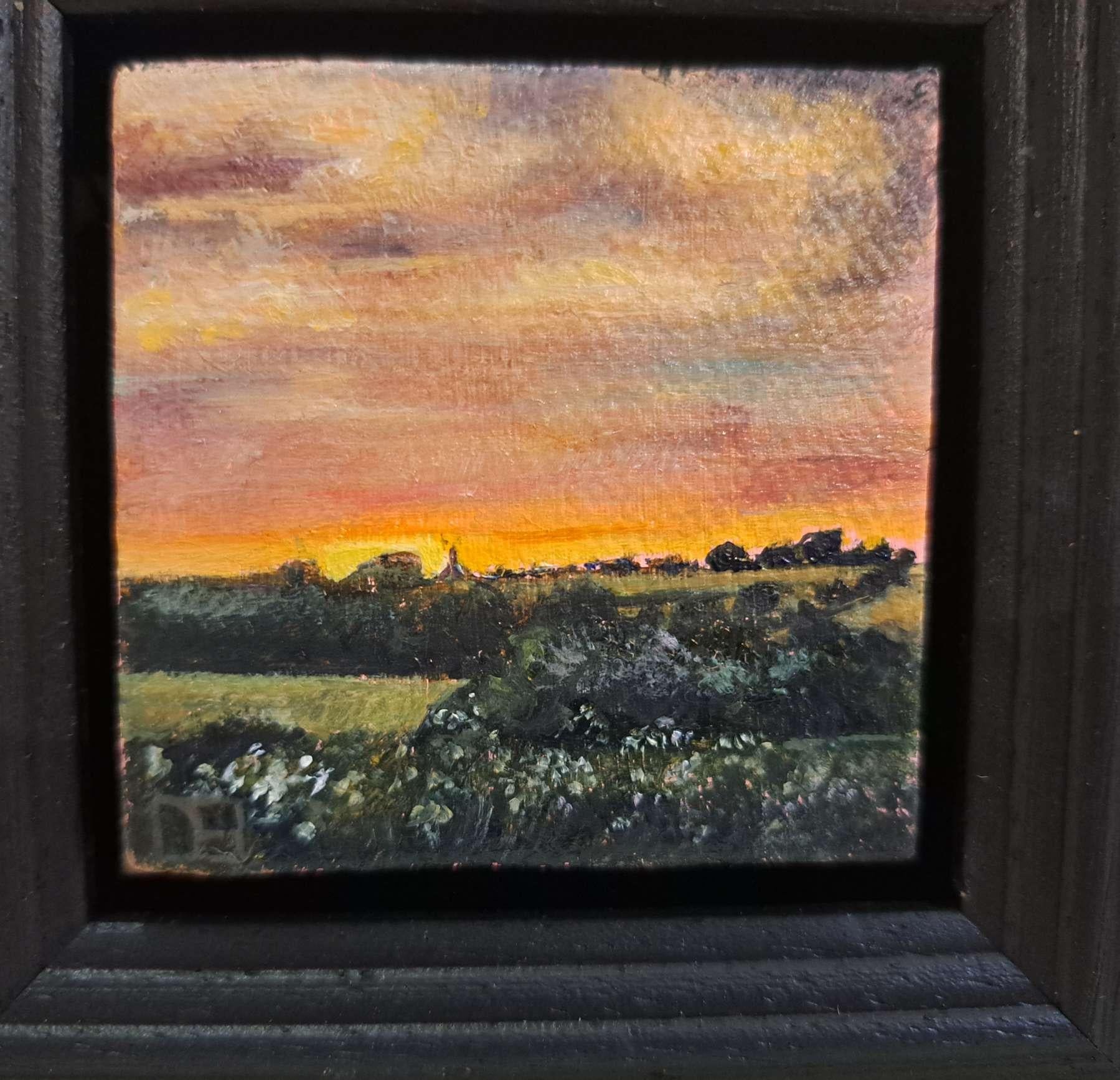Great Tew, Oxford, Sun Going Down Landscape Collection Pocket Series, original - Black Landscape Painting by Dani Humberstone