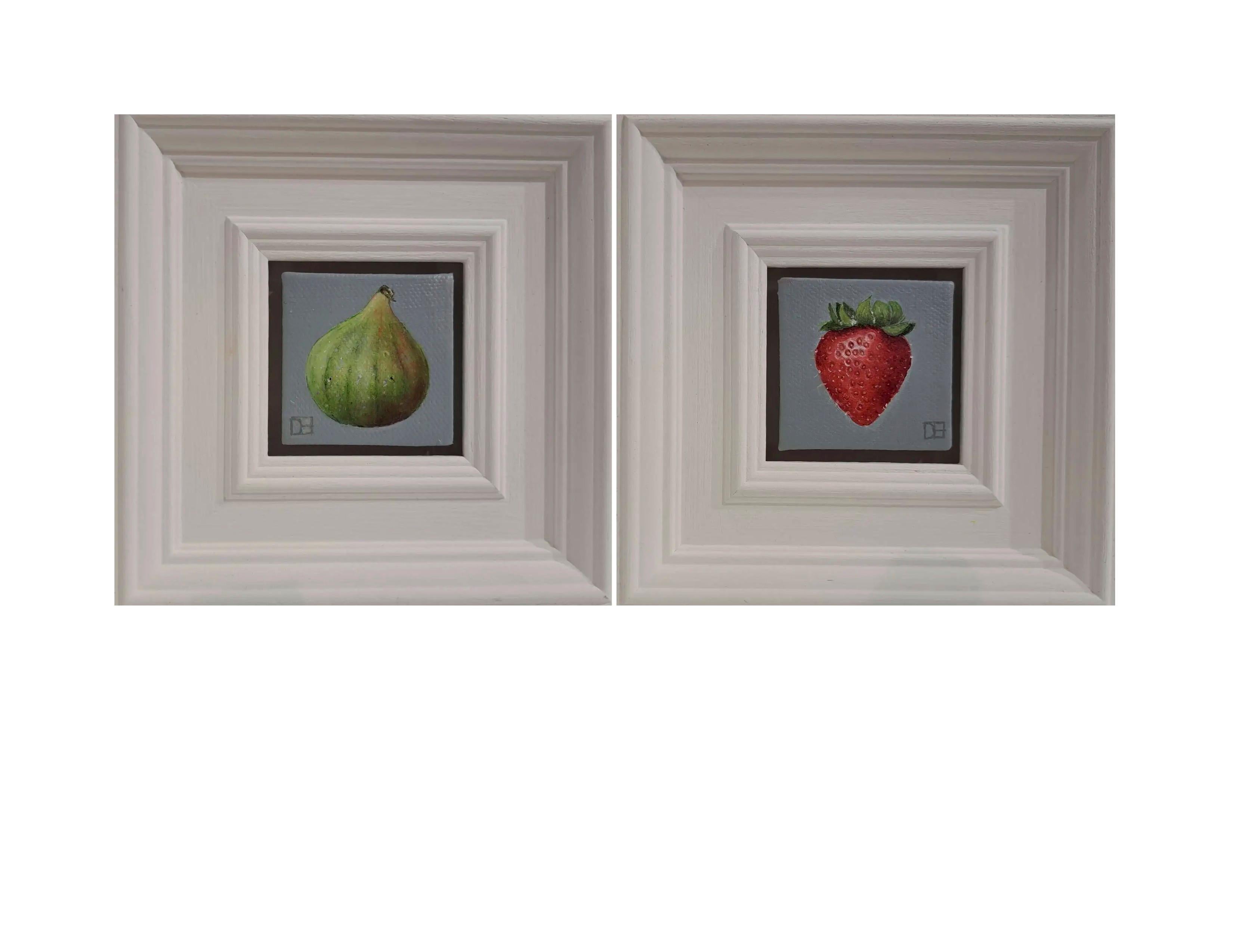 Green Fig & Strawberry (White Collection) Paintings set, Still life, Original