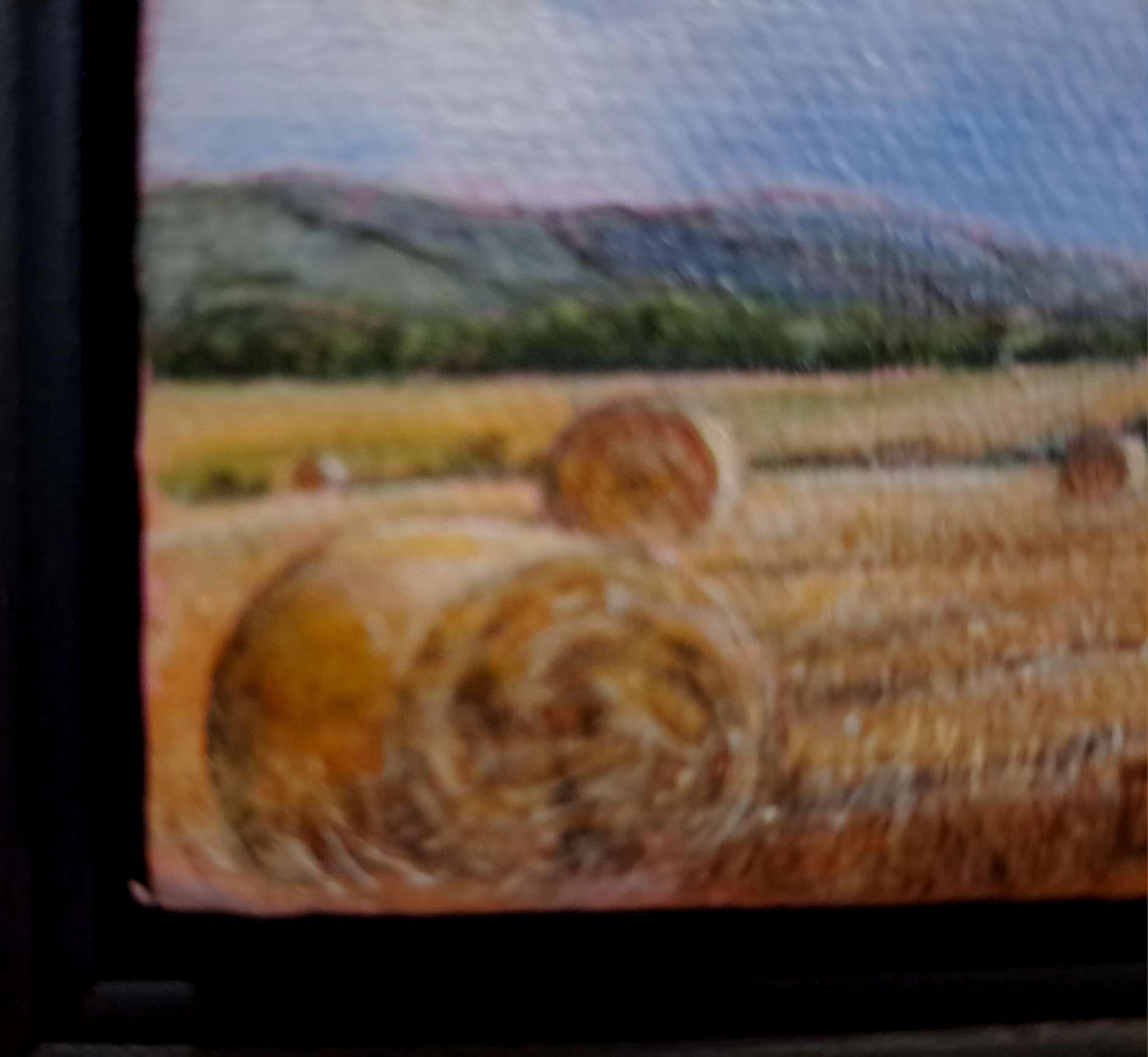 Pocket Haybales, Finales de Verano, Colección Paisaje es un óleo original de Dani Humberstone que forma parte de su serie Pocket Painting (Pintura de Bolsillo), que presenta óleos realistas a pequeña escala, con un guiño a la pintura barroca de