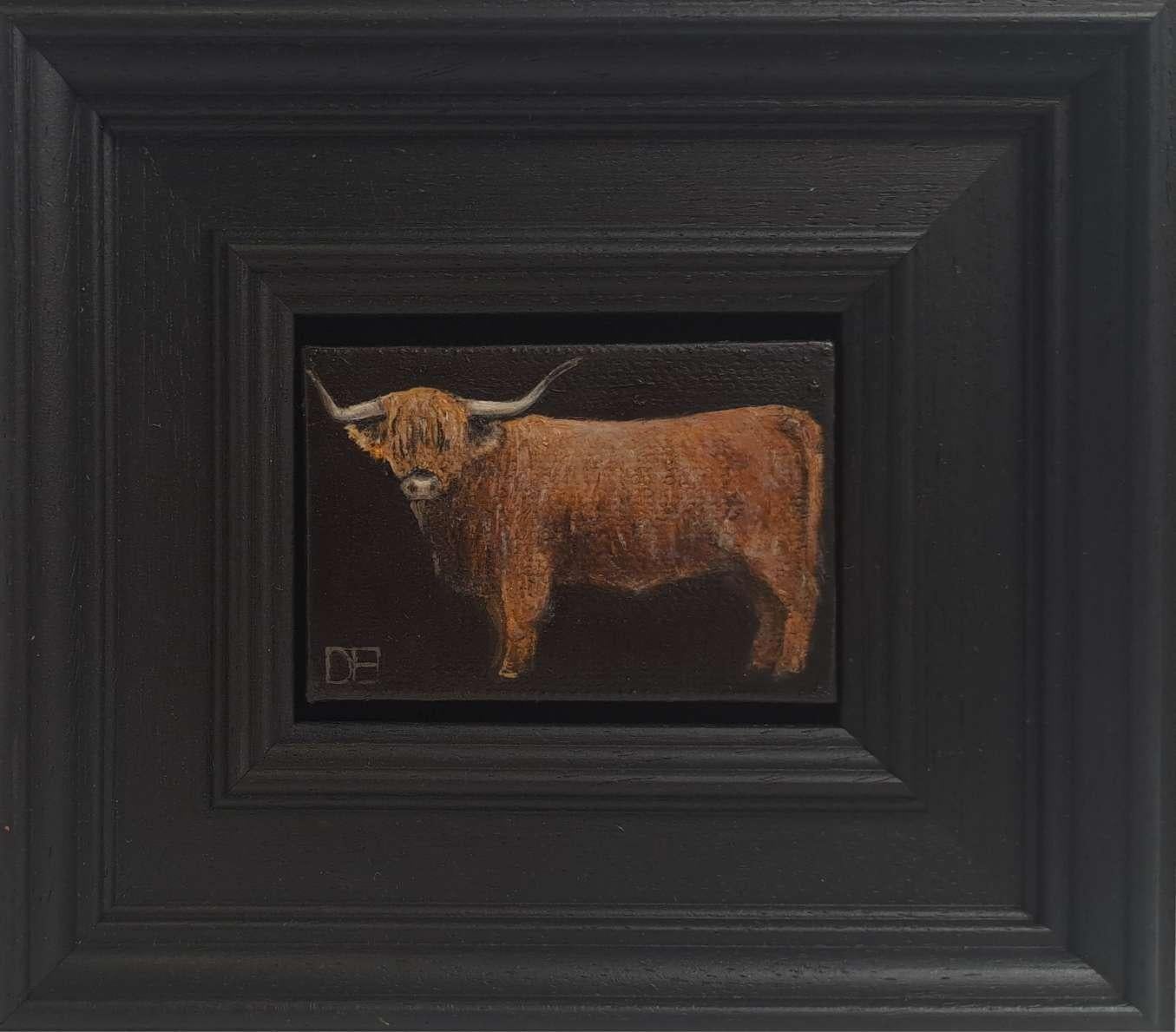 Highland Cow & Otter Pocket Painting 2c, diptyque, peinture originale, nature morte - Gris Still-Life Painting par Dani Humberstone