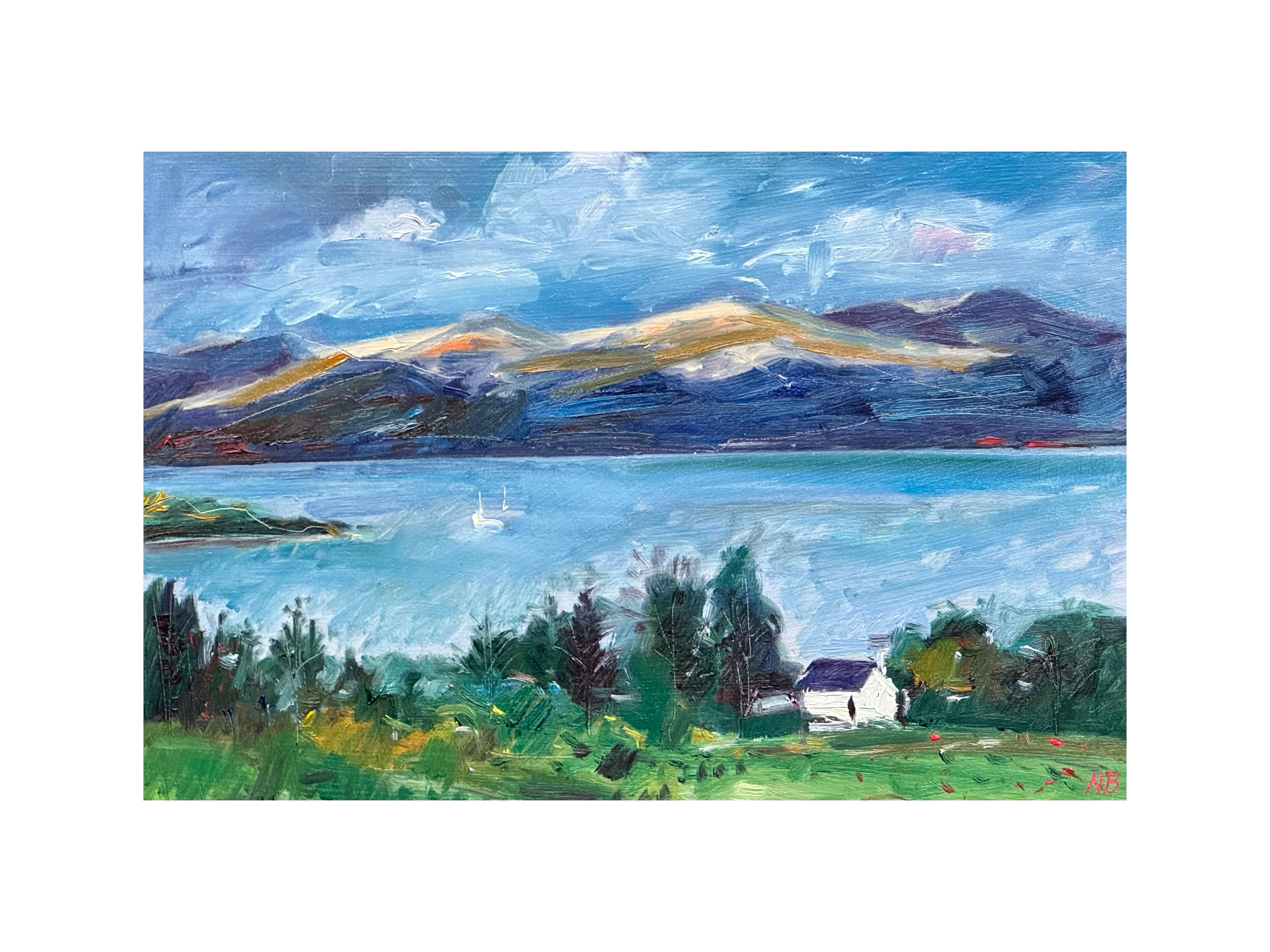 Loch Awe, white cottage and sailing boats , original painting, contemporary For Sale 7