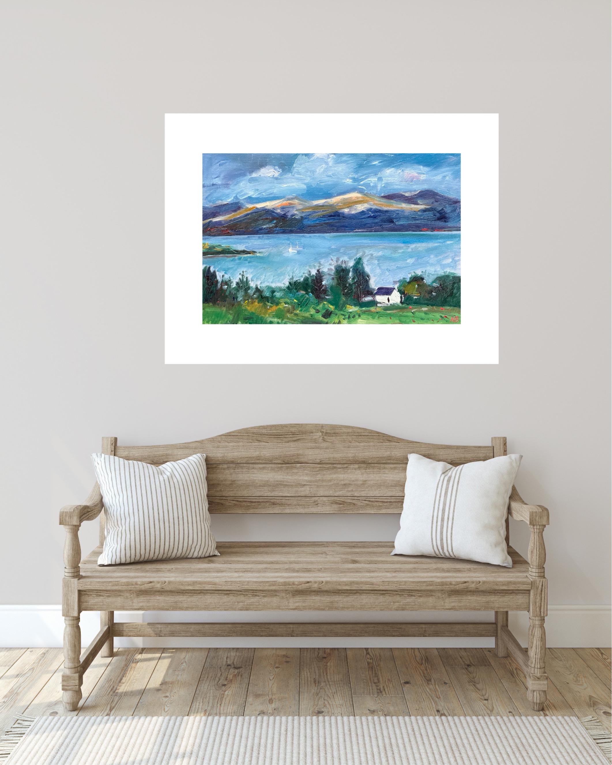 Loch Awe, white cottage and sailing boats , original painting, contemporary - Contemporary Painting by Dani Humberstone