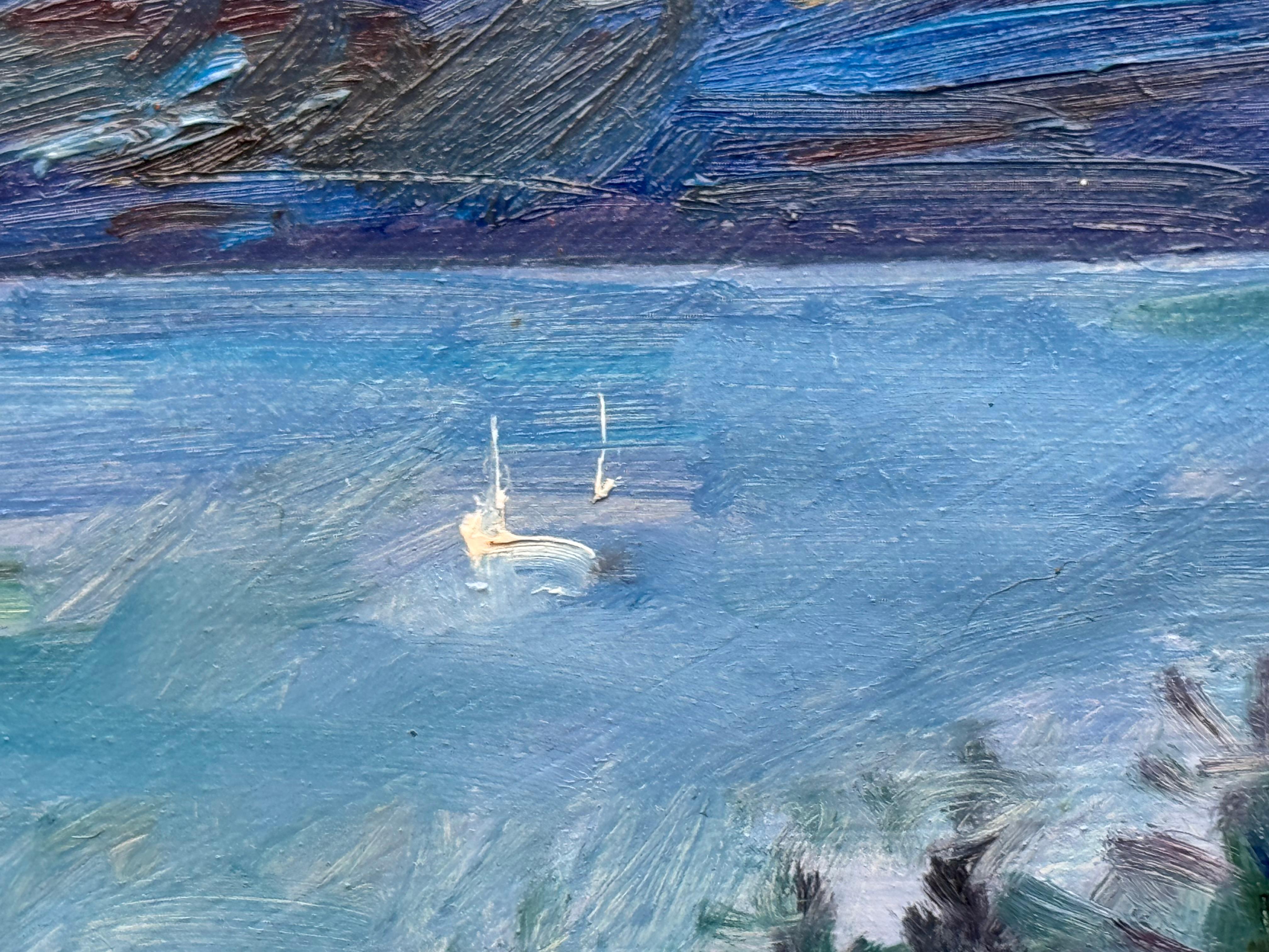 Loch Awe, white cottage and sailing boats , original painting, contemporary For Sale 1