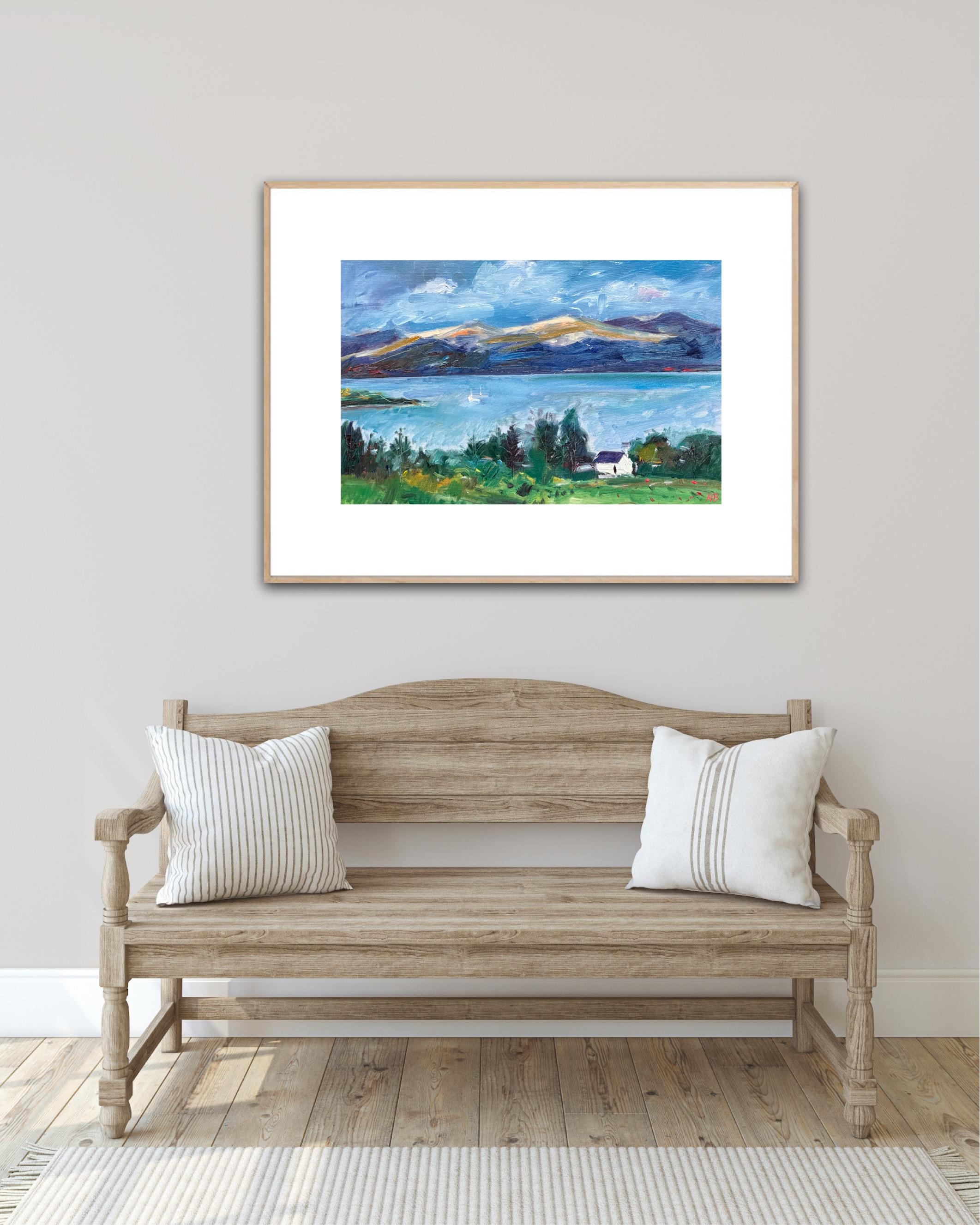Loch Awe, white cottage and sailing boats , original painting, contemporary For Sale 4