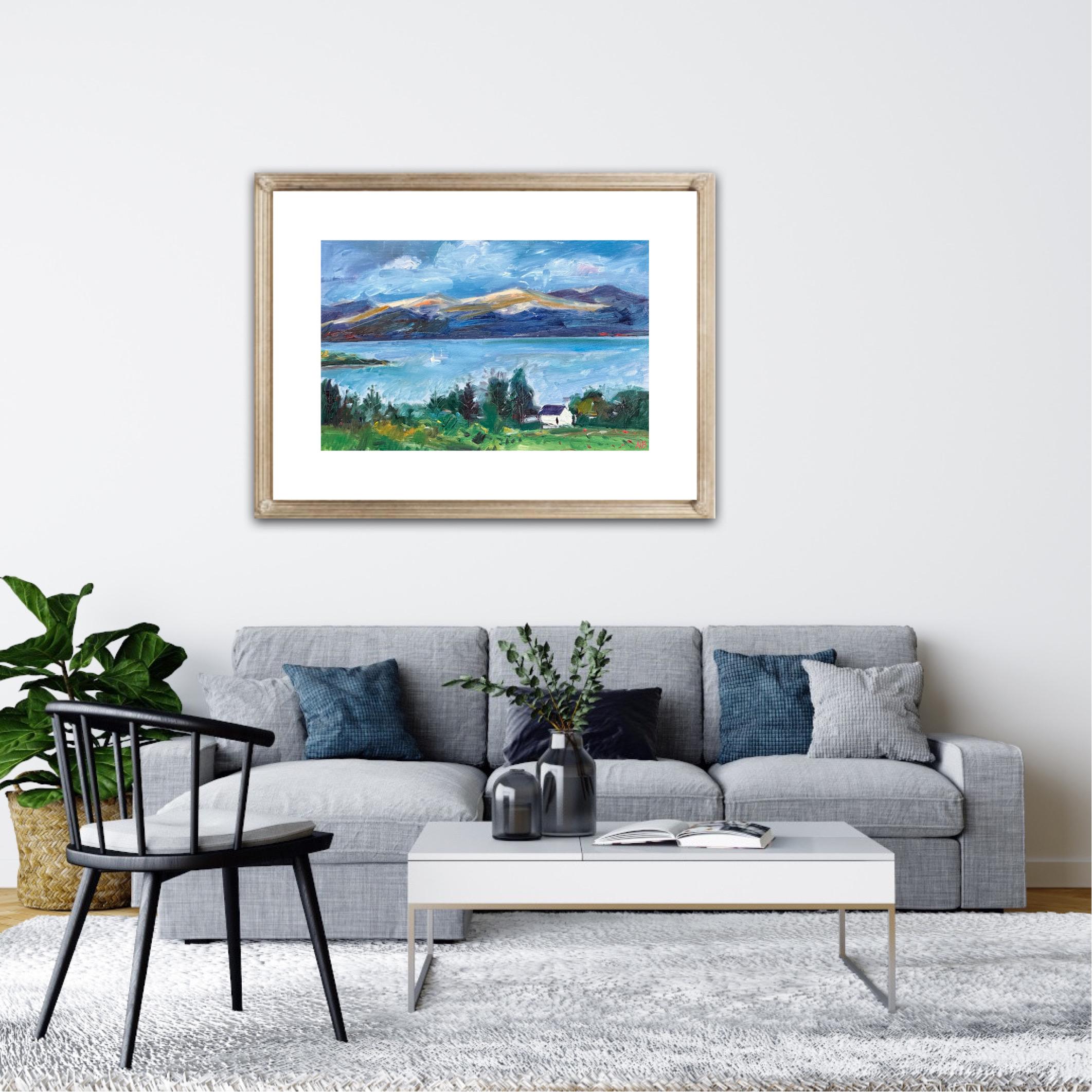 Loch Awe, white cottage and sailing boats , original painting, contemporary For Sale 5
