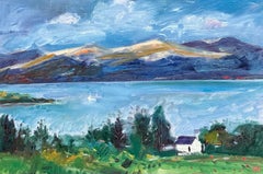 Loch Awe, cottage bianco e barche a vela , quadro originale, contemporaneo