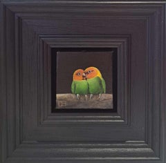 Lovebirds & Woodpecker Green Pocket Painting 9c, diptych, original painting