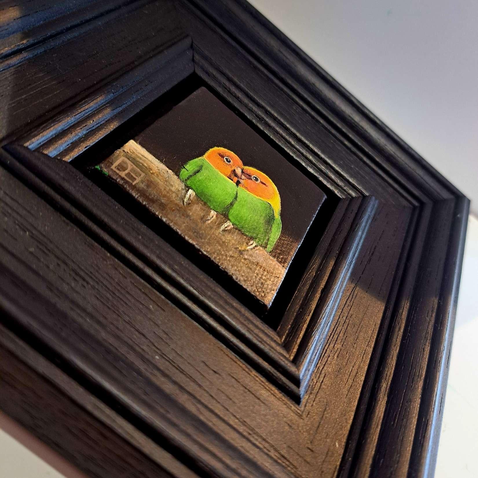 Lovebirds & Woodpecker Green Pocket Painting 9c, diptych, original painting For Sale 4