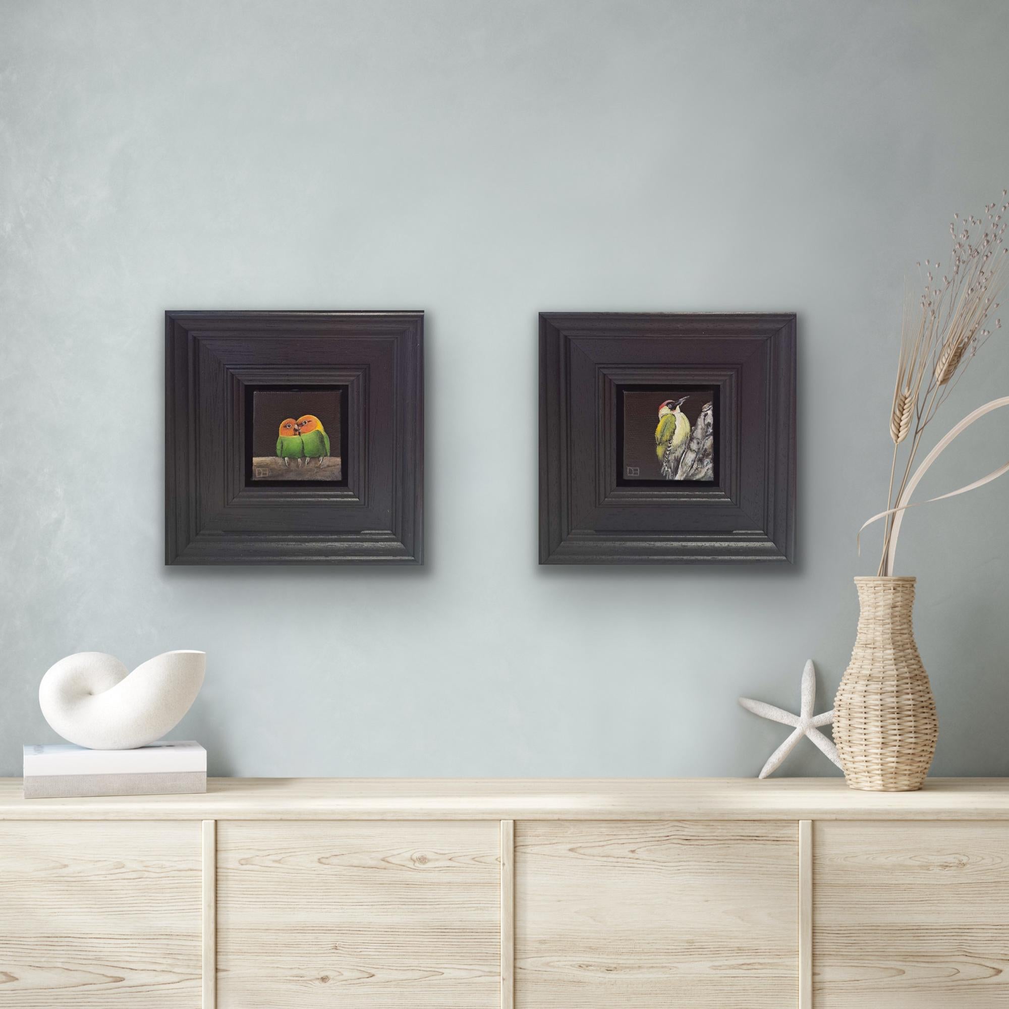 Dani Humberstone Still-Life Painting - Lovebirds & Woodpecker Green Pocket Painting 9c, diptych, original painting