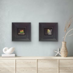 Lovebirds & Woodpecker Green Pocket Painting 9c, diptych, original painting