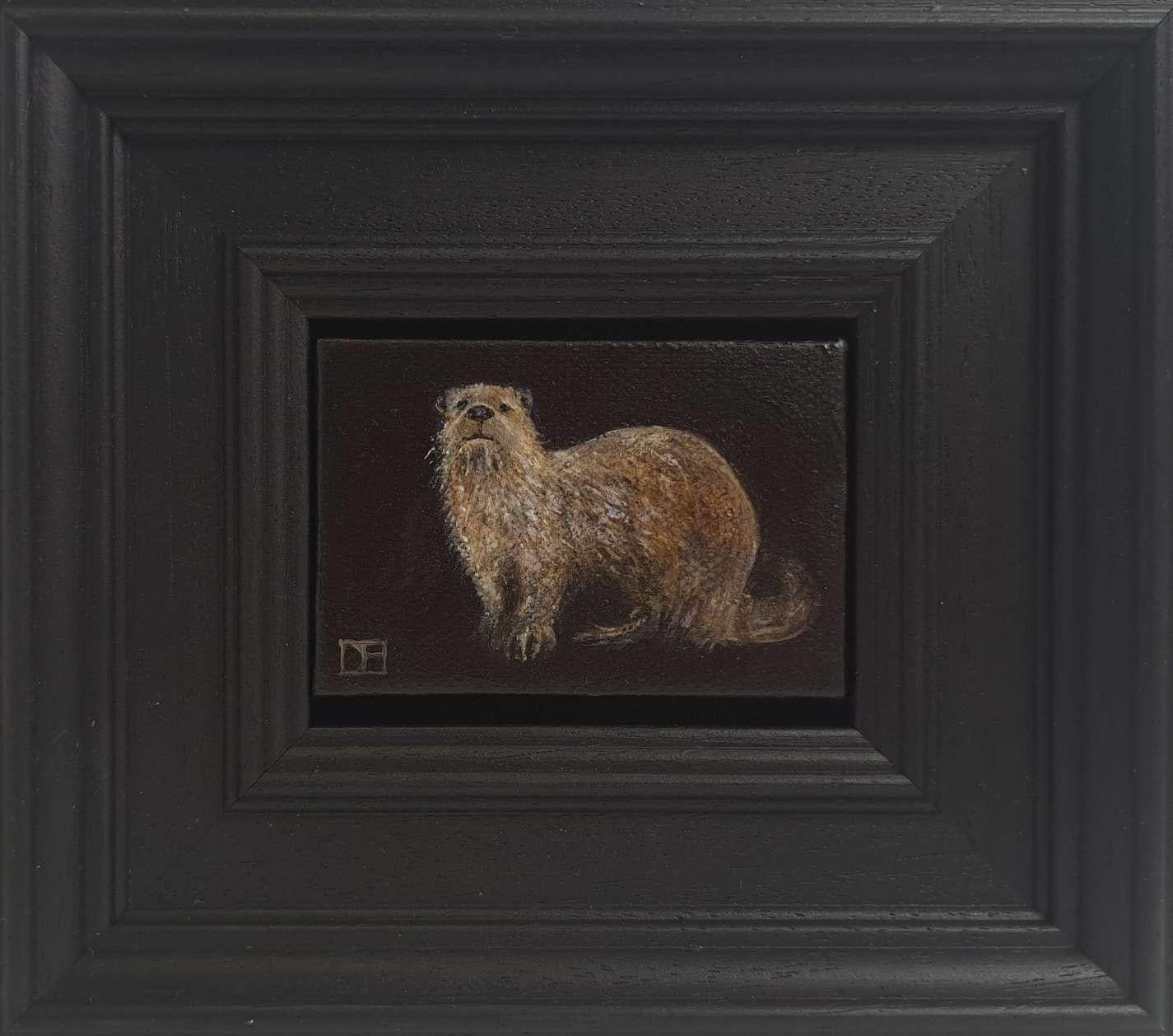 Pocket Otter 2c (canvas size 7x5cm) is an original oil painting by Dani Humberstone as part of her Pocket Painting series featuring small scale realistic oil paintings, with a nod to baroque still life painting. The paintings are set in a black wood