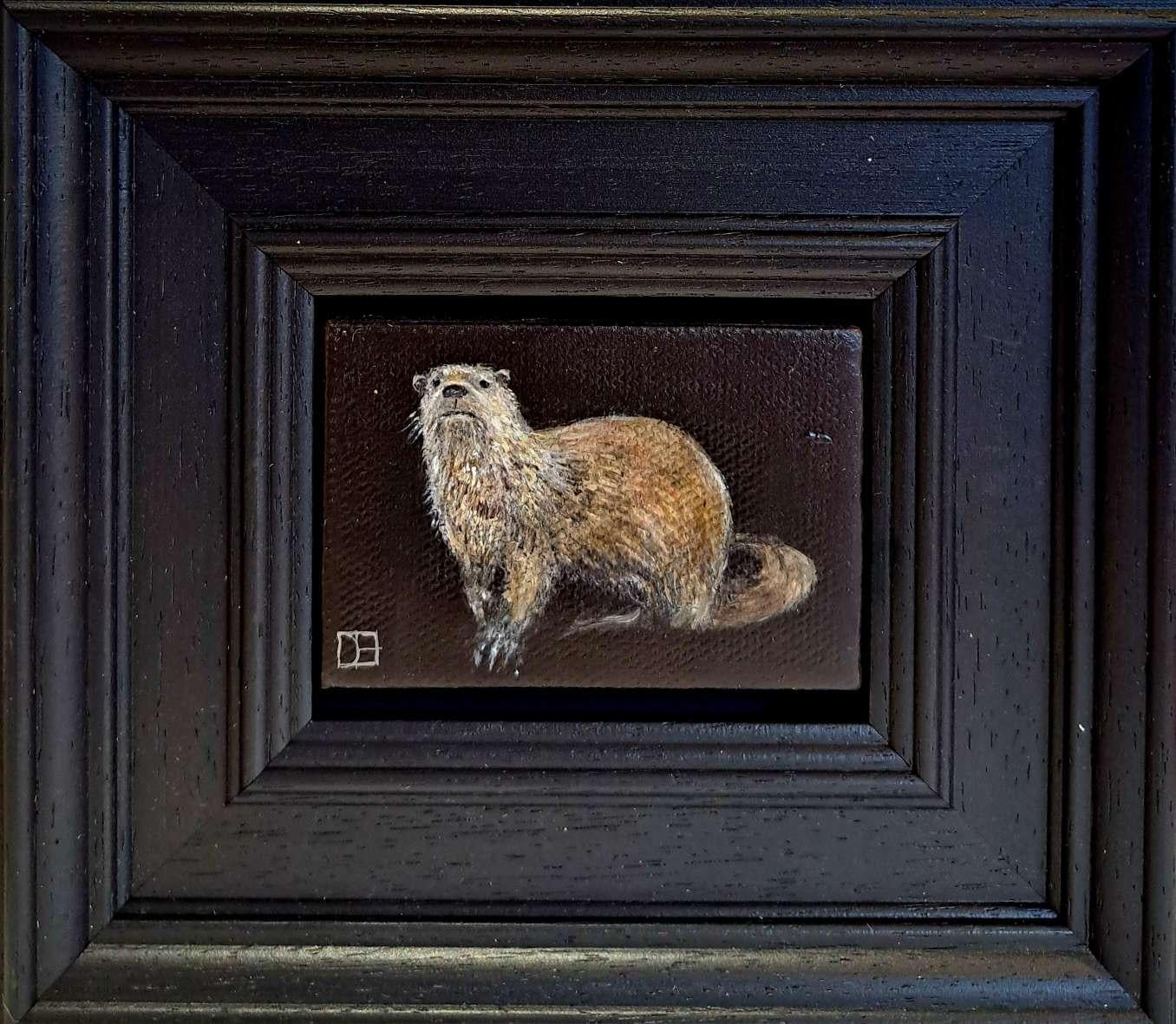 Pocket Otter c (canvas size 5x7cm) is an original oil painting by Dani Humberstone as part of her Pocket Painting series featuring small scale realistic oil paintings, with a nod to baroque still life painting. The paintings are set in a black wood