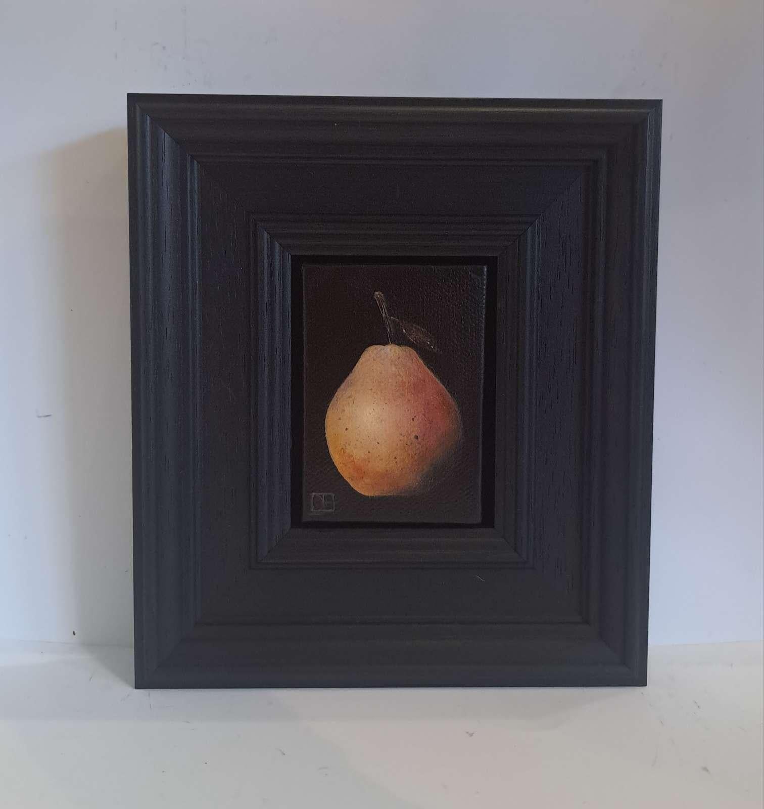 Pocket Wild Red Apple is an original oil painting by Dani Humberstone as part of her Pocket painting series featuring small scale realistic oil paintings, with a nod to baroque still life painting. The paintings are set in a black wood layered
