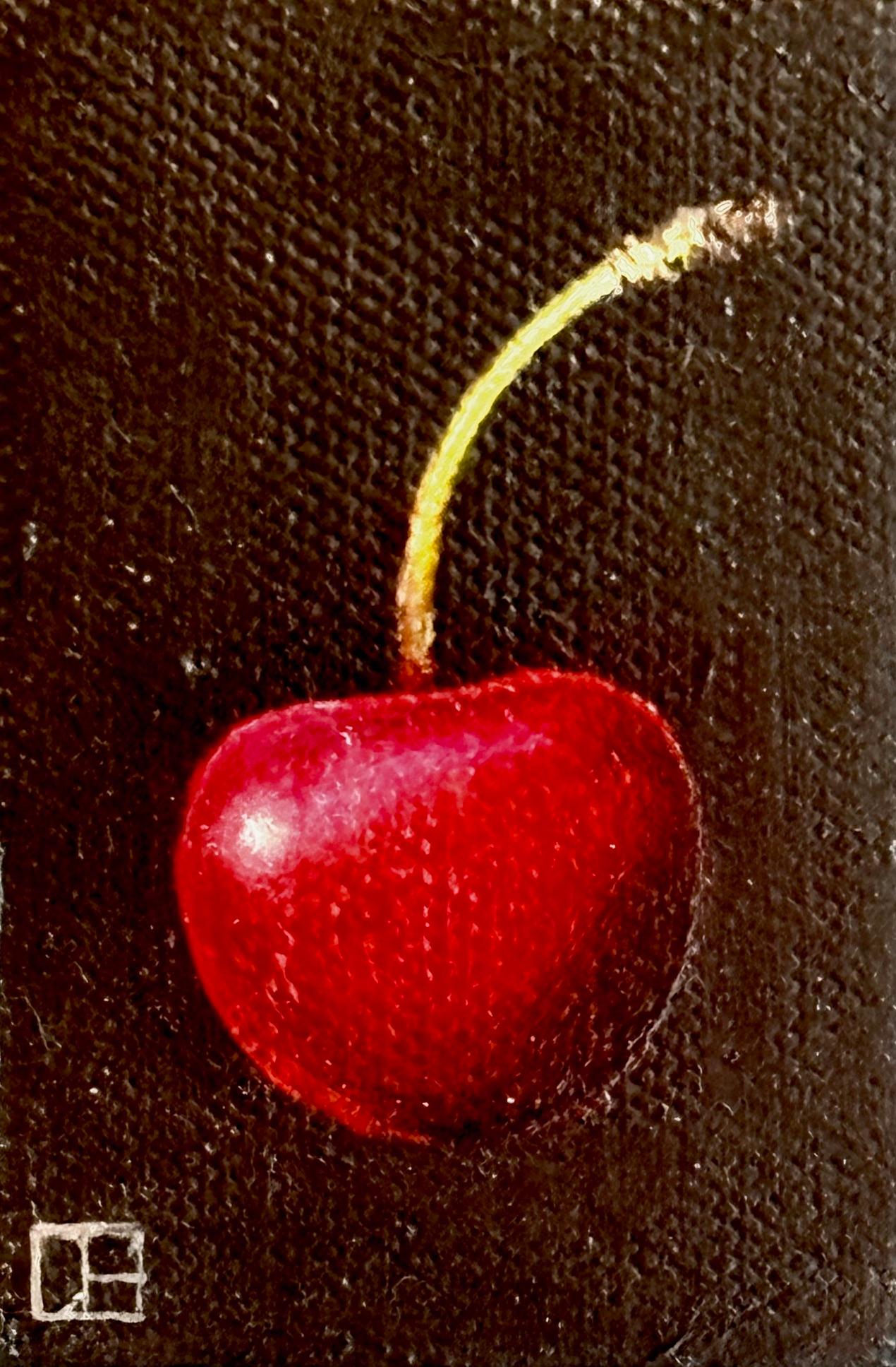 Picked Cherry - original realism still life fruit - contemporary art - Black Interior Painting by Dani Humberstone