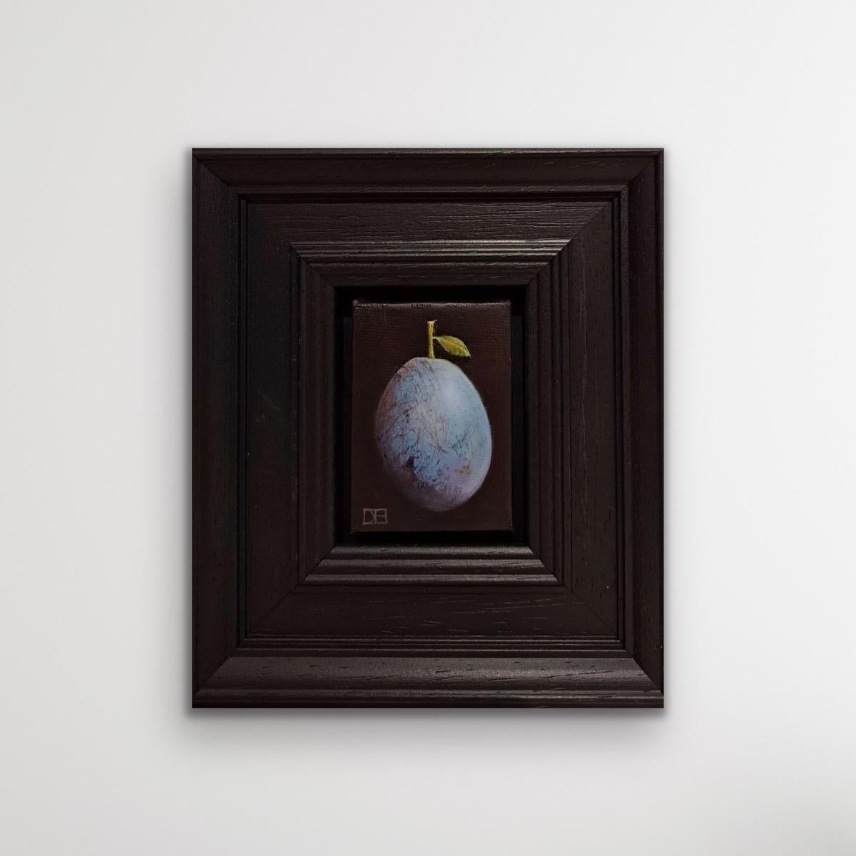 Pocket Blue Grey Damson is an original oil painting by Dani Humberstone as part of her Pocket Painting series featuring small scale realistic oil paintings, with a nod to baroque still life painting. The paintings are set in a black wood layered
