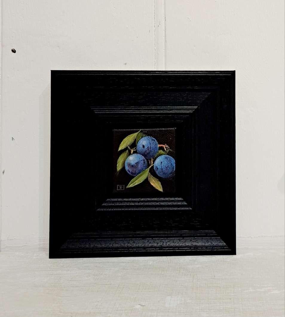 Pocket Blue Sloes, still life art, original art, affordable art, baroque art - Black Still-Life Painting by Dani Humberstone