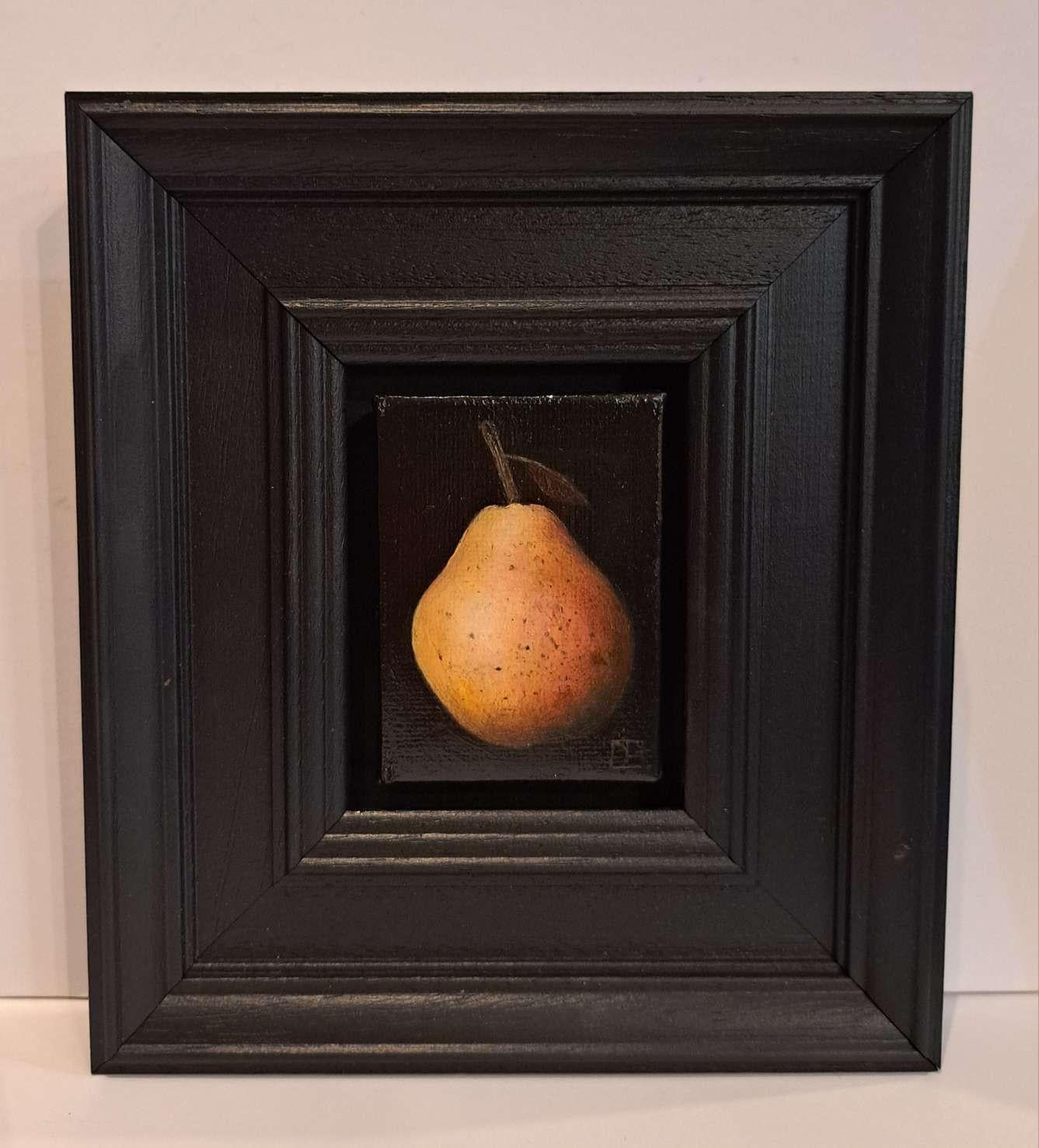 Pocket Blush Pear is an original oil painting by Dani Humberstone as part of her Pocket Painting series featuring small scale realistic oil paintings, with a nod to baroque still life painting. The paintings are set in a black wood layered