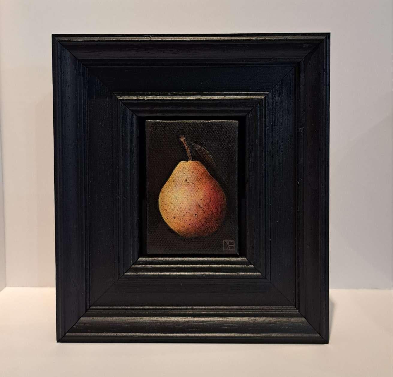 Pocket Blush Pear 3 c is an original oil painting by Dani Humberstone as part of her Pocket Painting series featuring small scale realistic oil paintings, with a nod to baroque still life painting. The paintings are set in a black wood layered