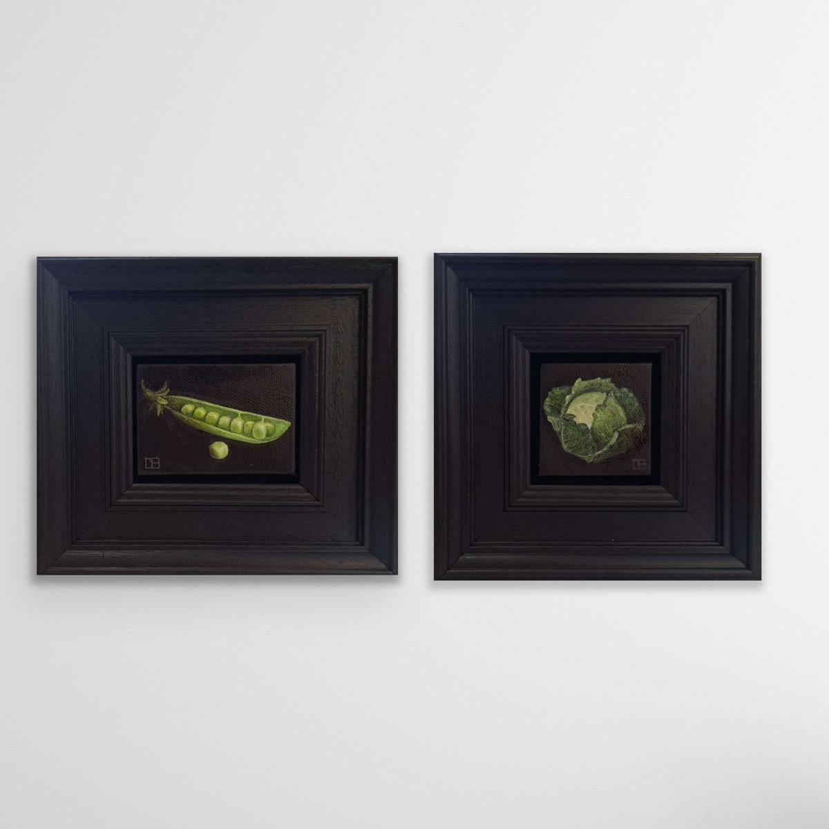 Still-Life Painting de Dani Humberstone - Díptico Col de Bolsillo y Guisantes de Bolsillo, Pintura Original, Verduras